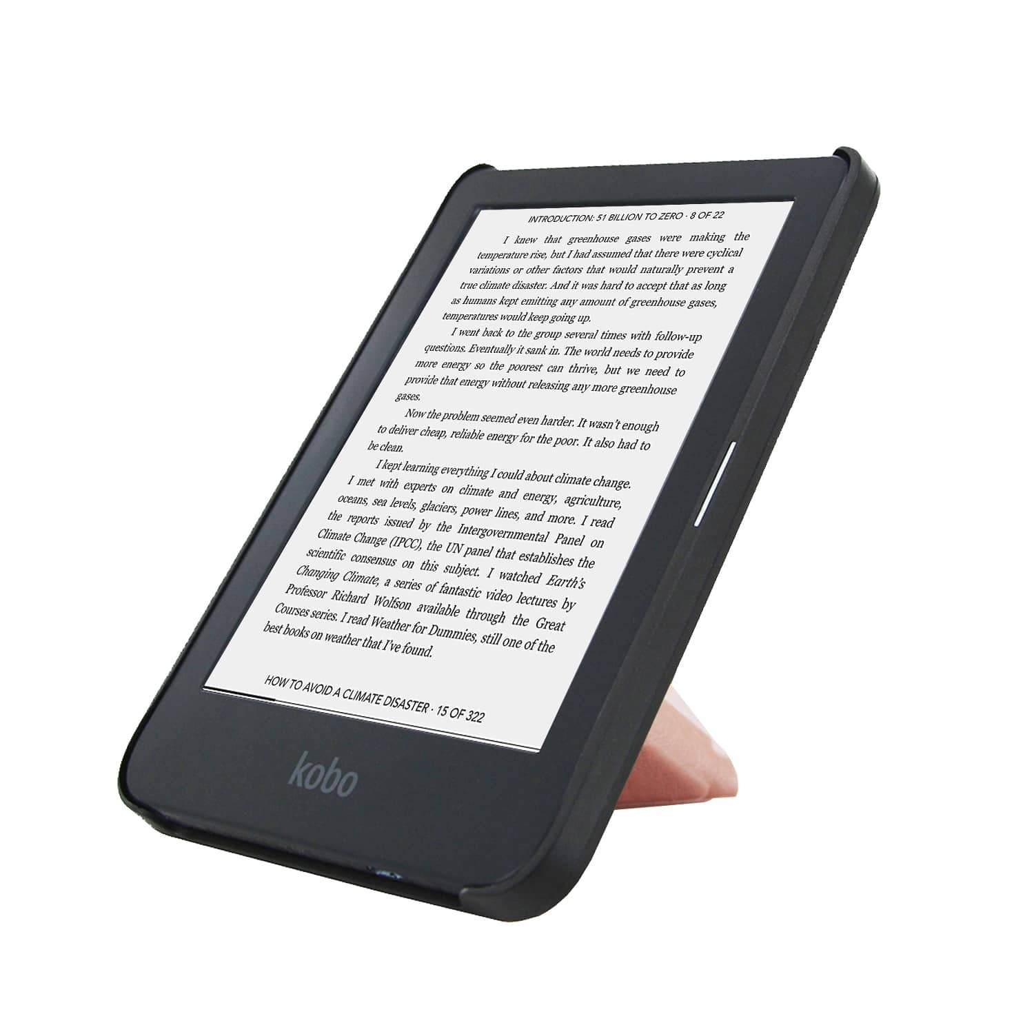 Zwarte Kobo e-reader ondersteund door een beige standaard. Scherm toont tekst over klimaatverandering.