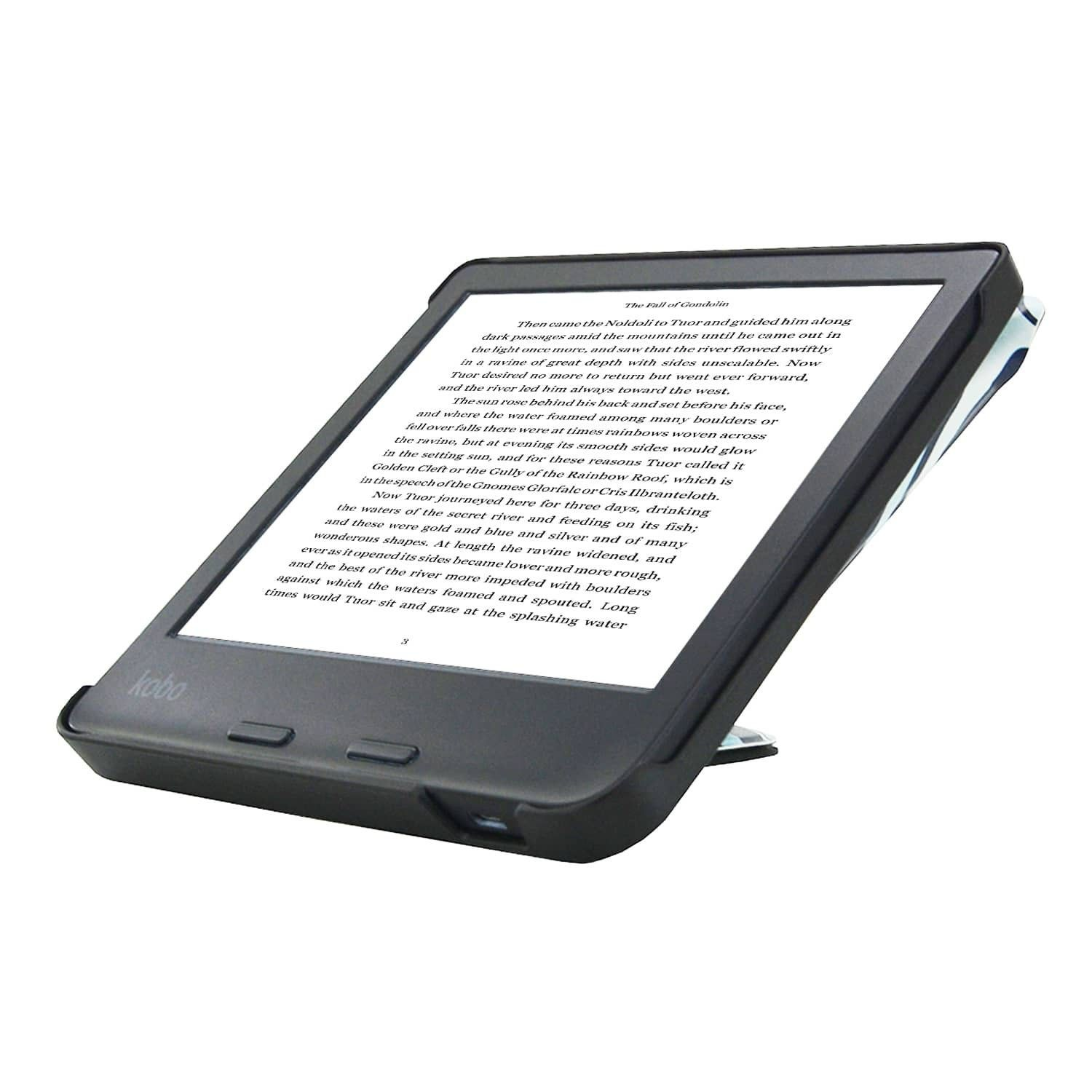 Een Kobo e-reader wordt omhooggehouden en toont tekst. Het heeft een zwarte behuizing met een kleurrijk ontwerp.