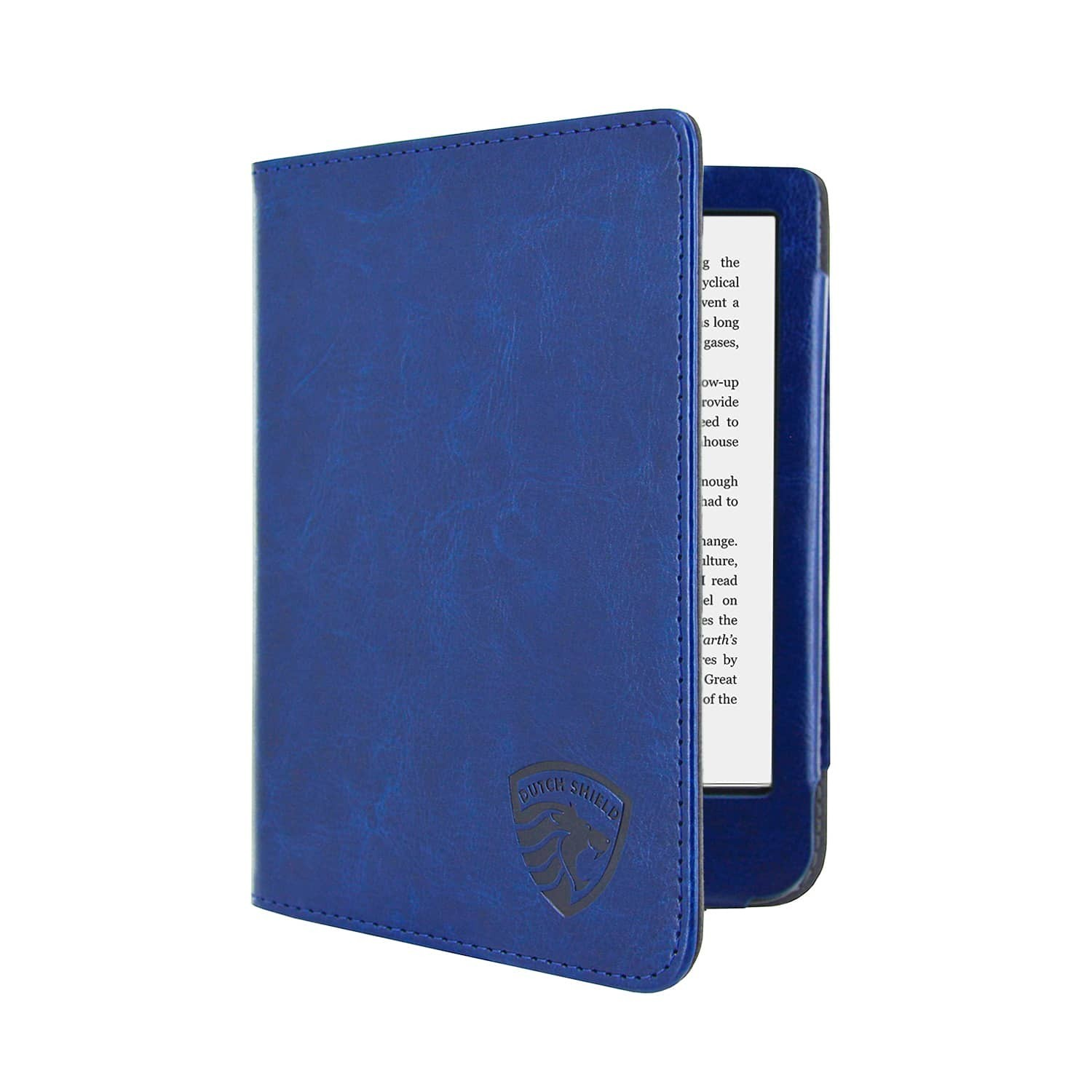 Een blauwe e-reader in een hoes. De hoes heeft een logo en het scherm toont tekst. De achtergrond is wit.