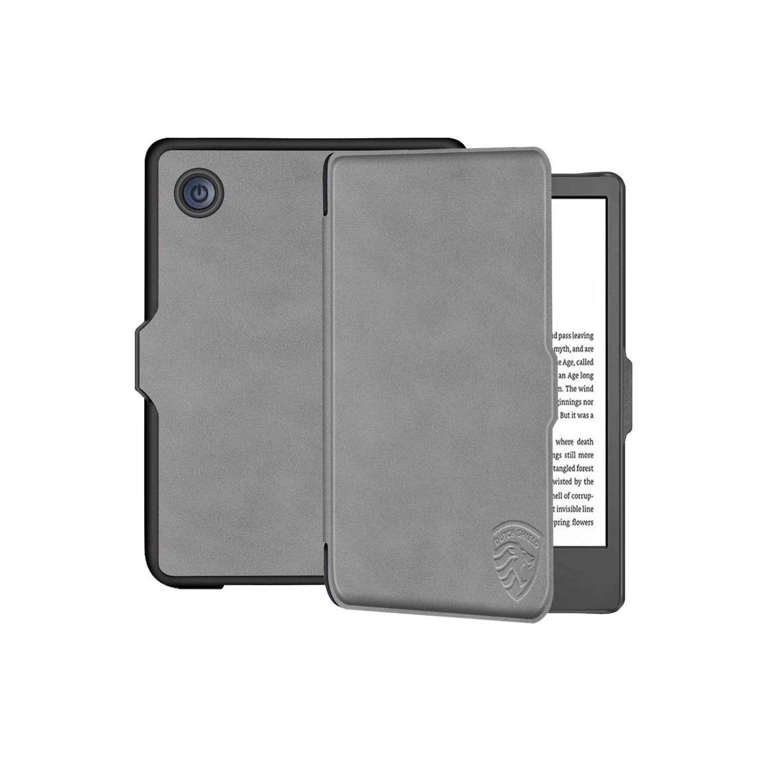 Een e-reader met een grijze hoes is open, met tekst. De hoes heeft een aan/uit-knop en een logo. De achtergrond is wit.