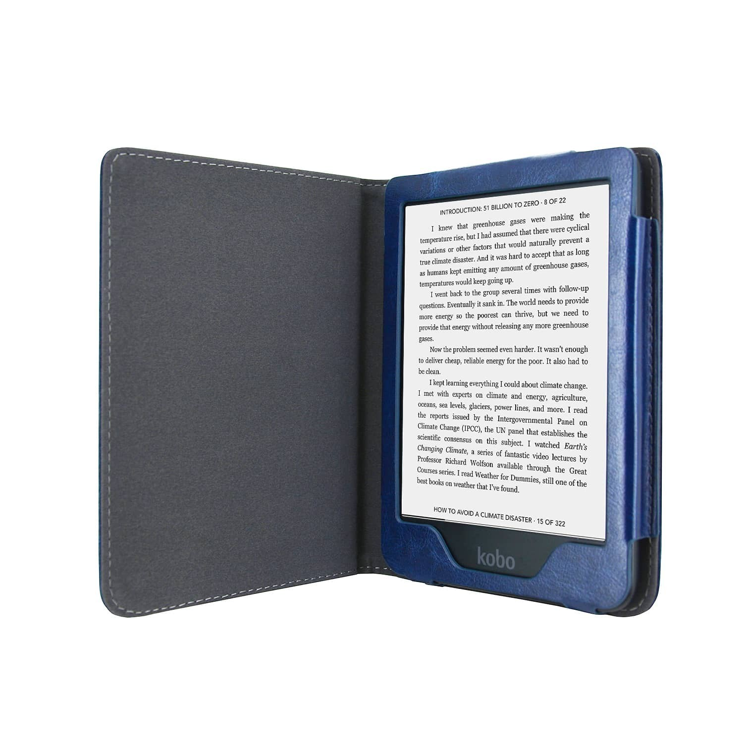 Een Kobo e-reader in een blauw-grijze case, open op een pagina met tekst. Het scherm toont een artikel over klimaatverandering.