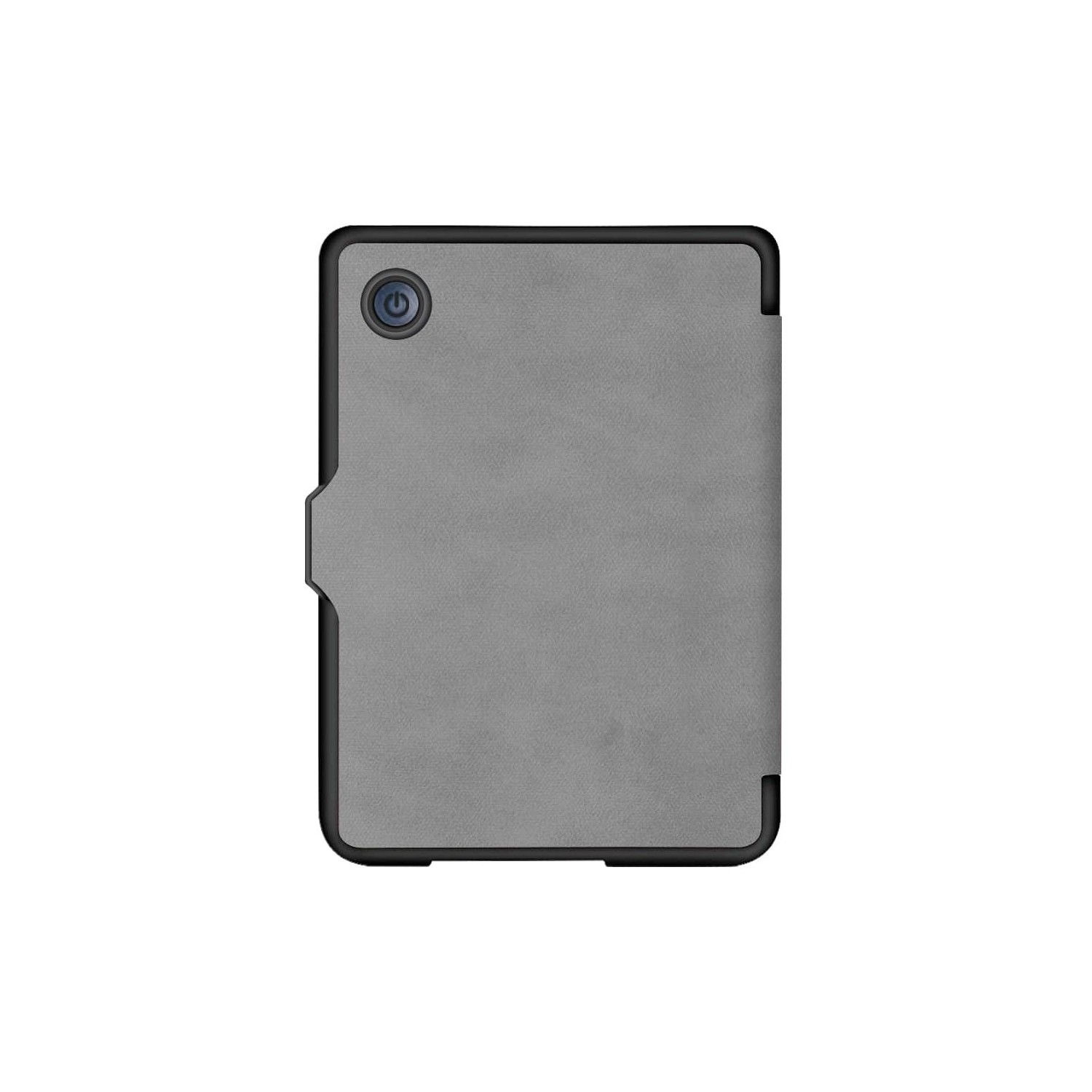Een grijze tablet met een zwarte rand. Een aan/uit-knop linksboven. Het scherm is leeg, met een leerachtige textuur.