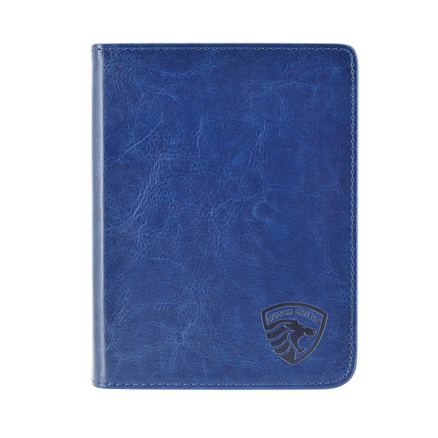 Een blauwe leren portemonnee met de woorden 'Dutch Shield' en een leeuwenlogo.