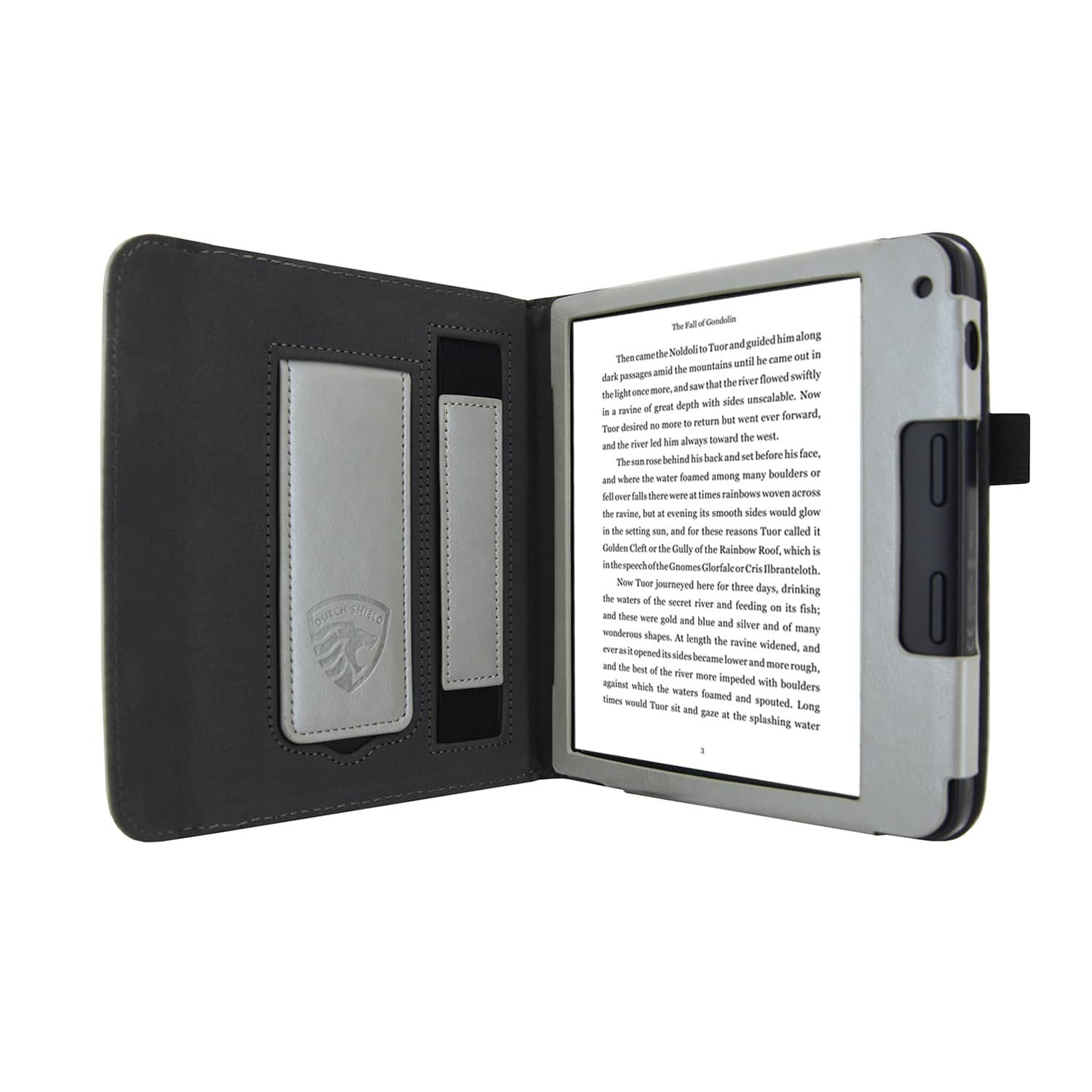 Een e-reader in een hoesje is open. Er staat tekst op het scherm. De hoes is grijs en zwart met een logo.