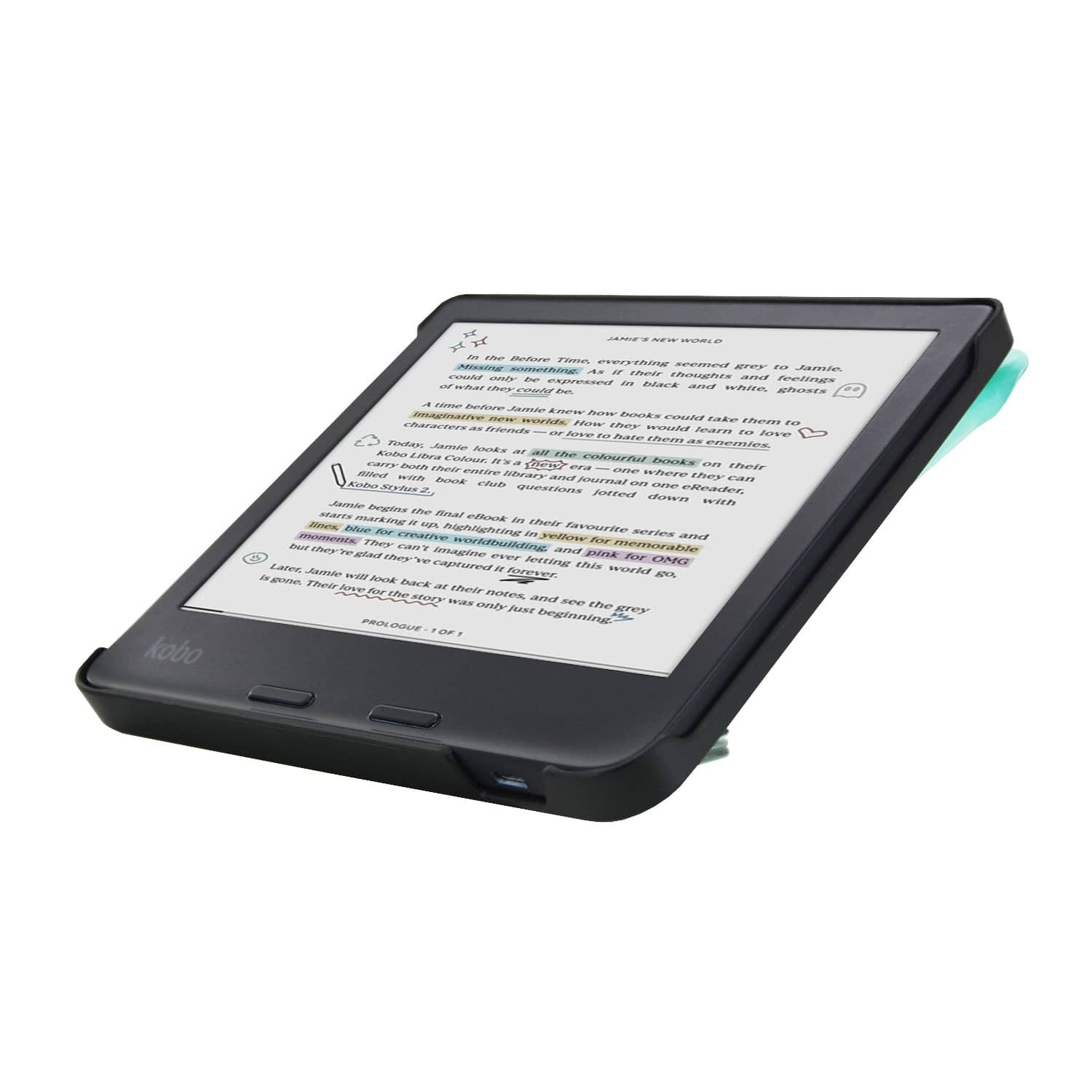 Een e-reader toont tekst met markeringen. De e-reader is zwart met een groene accentkleur en de merknaam is zichtbaar.