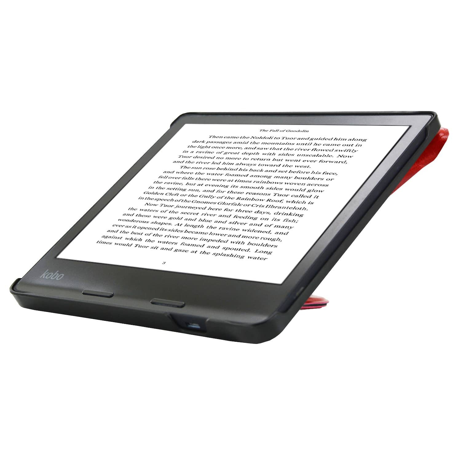 Een Kobo e-reader met tekst uit 'De Val van Gondolin'. Het is zwart, open, met een rode hoes, op een wit oppervlak.