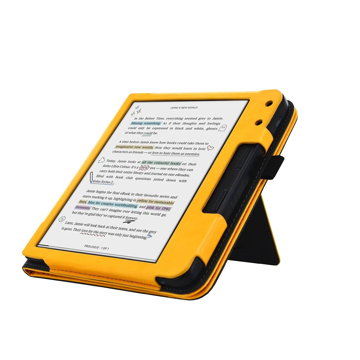 Een e-reader in een gele hoes met tekst. Het scherm toont gemarkeerde woorden. Het staat op een zwarte standaard.