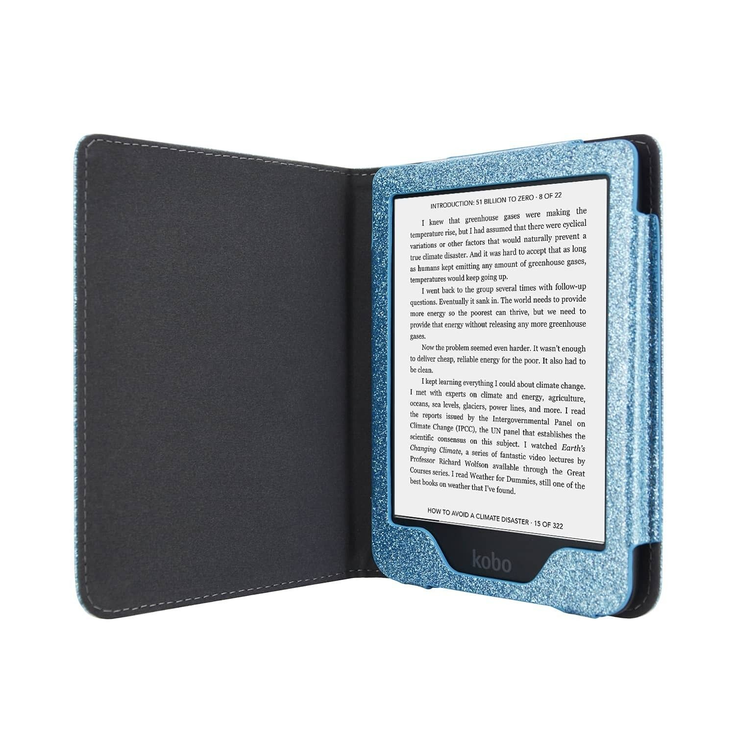 Een open Kobo e-reader met een blauwe glitterrand. Het scherm toont tekst over klimaatverandering.