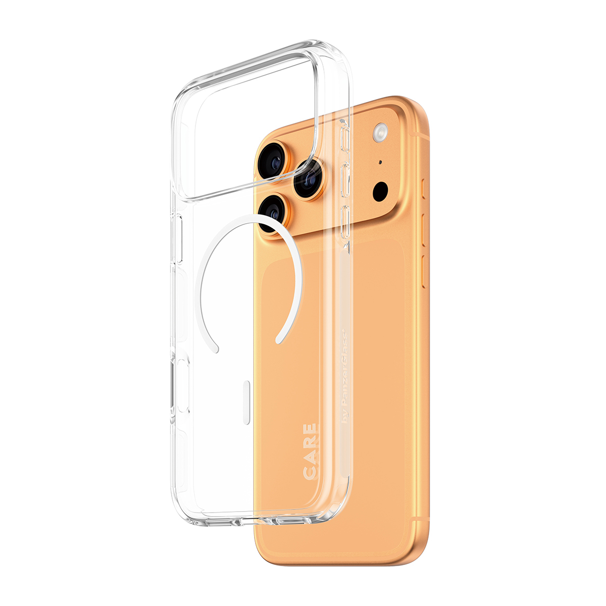 Şeffaf koruyucu kılıflı turuncu bir iPhone. Kılıf kısmen çıkarılmış, telefonun arka tarafını ve kamera lenslerini gösteriyor.