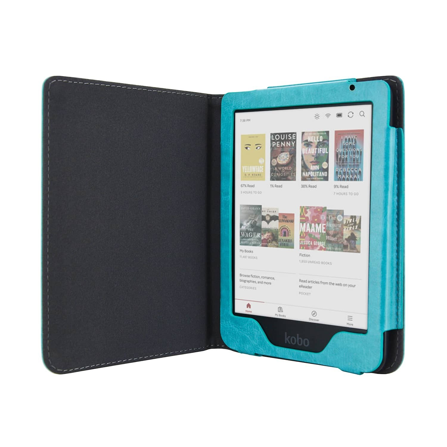 Een turquoise Kobo e-reader open in een hoesje. Het scherm toont boekomslagen. De hoes is zwart en grijs.