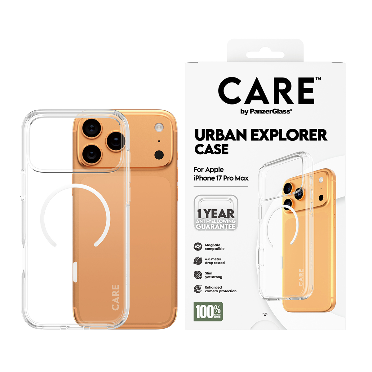 PanzerGlass'tan iPhone 17 Pro Max için bir telefon kılıfı sergileniyor. Kılıf şeffaf ve turuncudur. Arkasında beyaz bir kutu var.