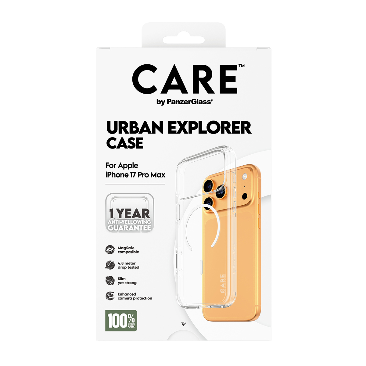 Şeffaf bir kılıf ve altın renkli bir telefon bulunan bir telefon kılıfı kutusu. Metin 'CARE', 'URBAN EXPLORER CASE' ve 'iPhone 17 Pro Max' içerir.
