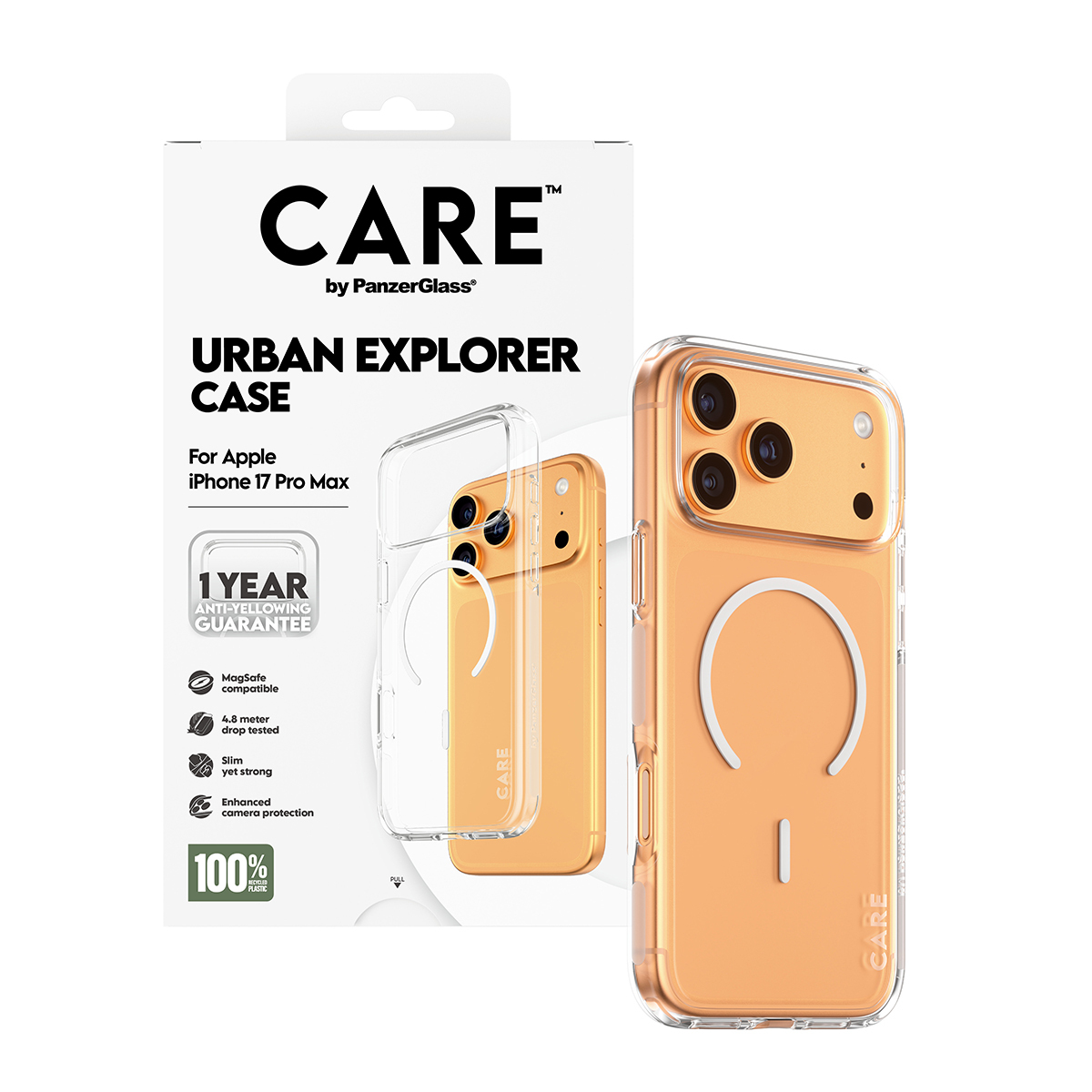 'CARE' markalı bir iPhone kılıfı sergileniyor. Kılıf turuncu renkte, şeffaf bir çerçeveye sahip. Ambalaj, markayı ve özellikleri gösteriyor.
