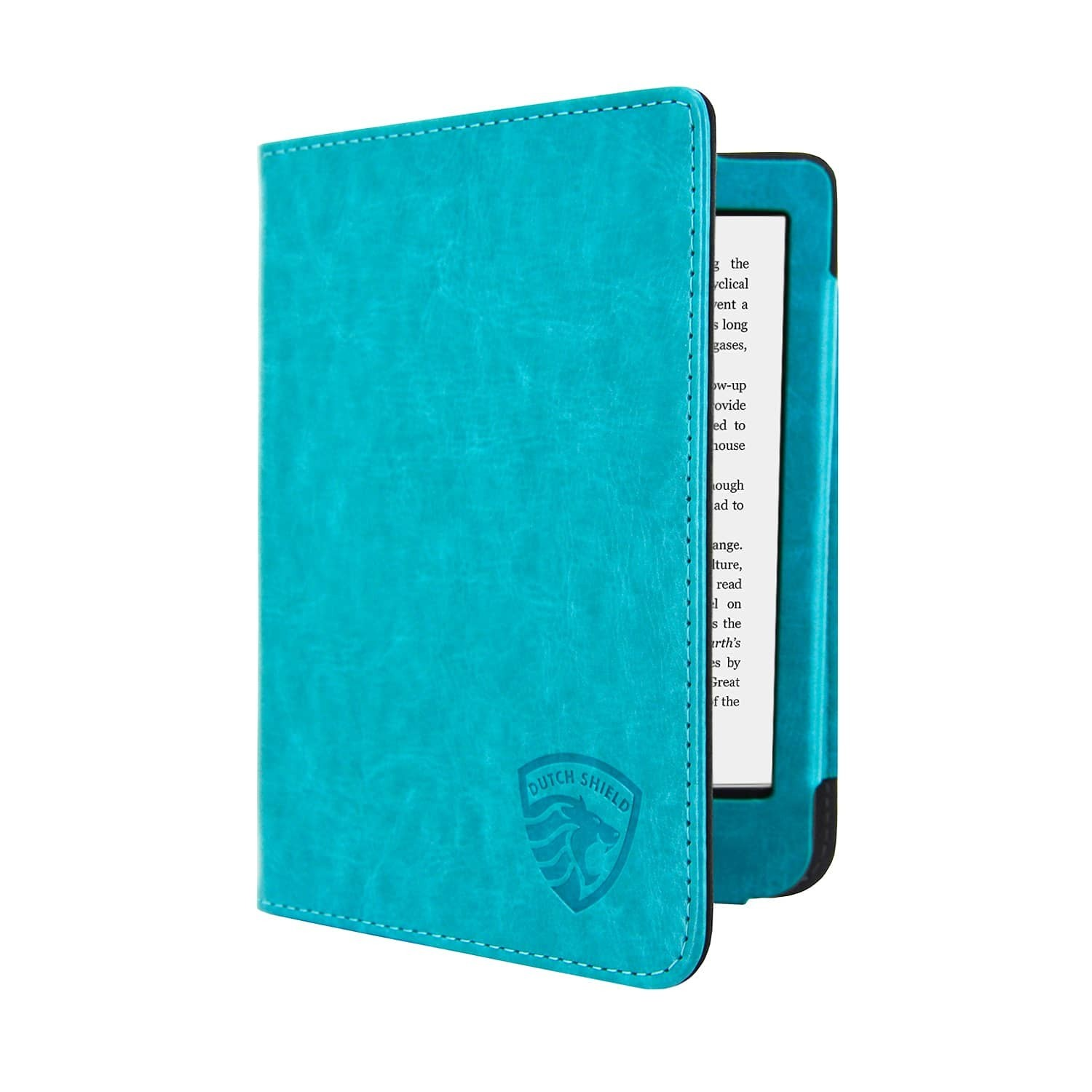 Een turquoise e-reader in een turquoise hoes, met het scherm zichtbaar. De hoes heeft een logo en stiksels.