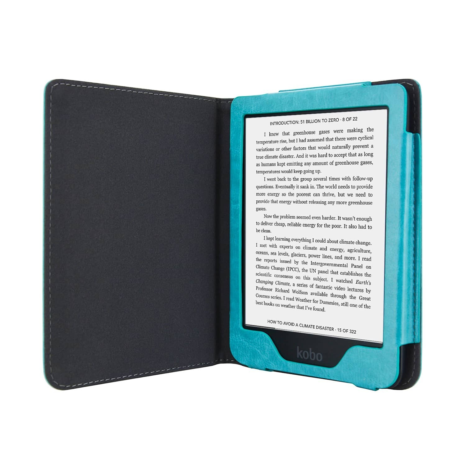 Een open Kobo e-reader in een blauwgroene case toont tekst. De case is open en toont een grijs interieur en het apparaat.