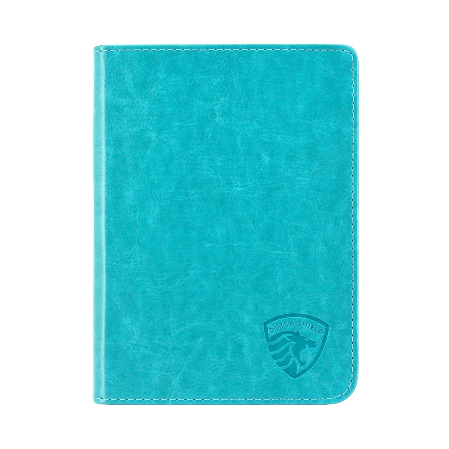 Een turquoise leren boekkaft. Het heeft een gestikte rand en een logo met "DUTCH SHIELD" en een leeuw symbool.