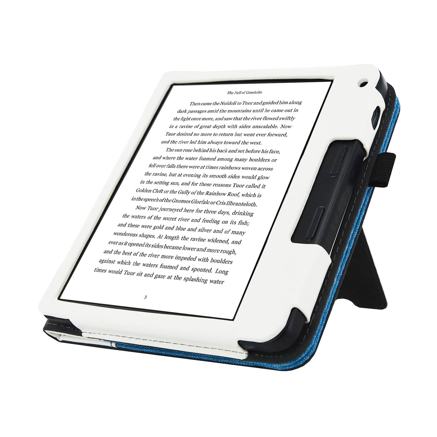Een e-reader met een witte en blauwe hoes is open en geeft tekst weer. De hoes is opengeklapt.