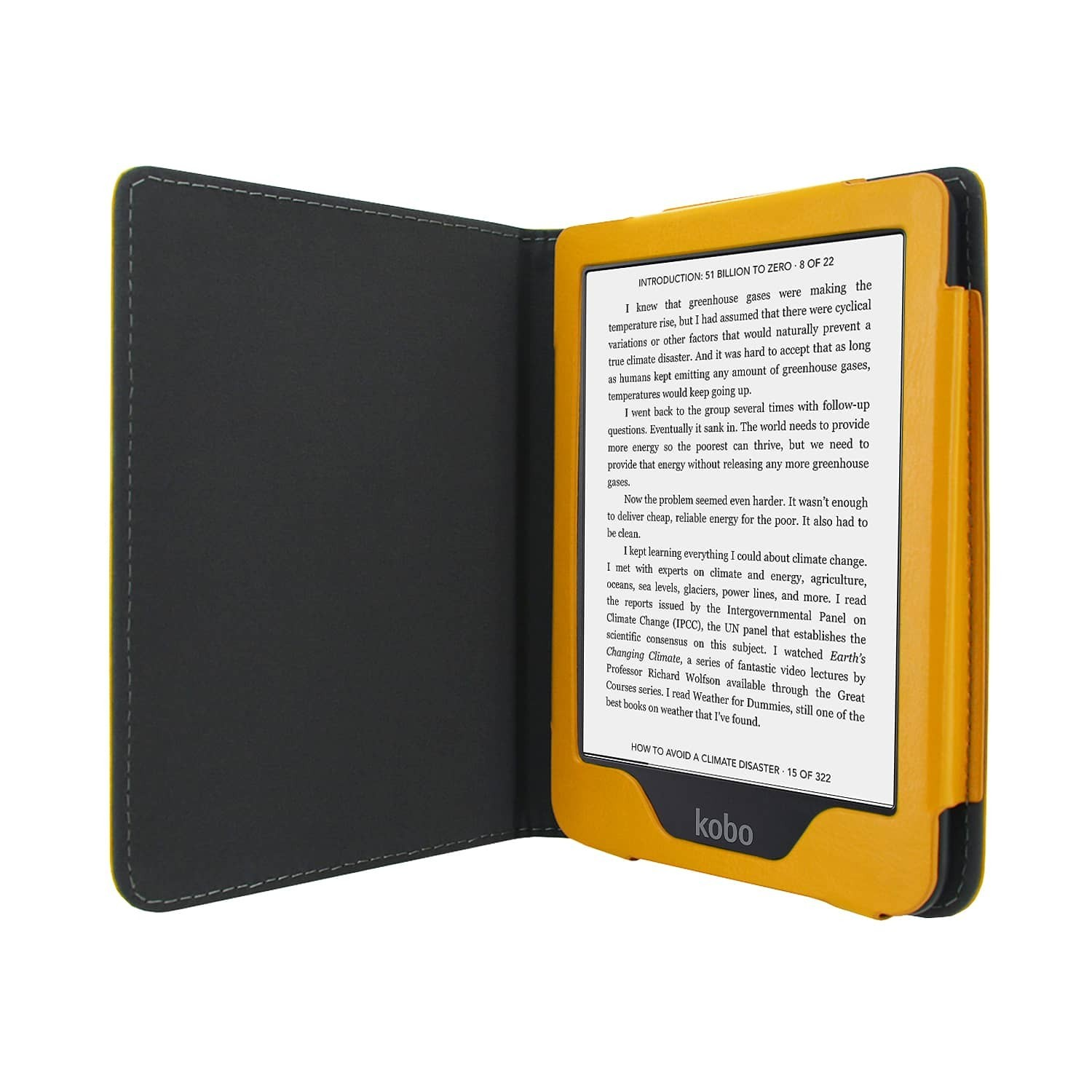 Een gele en zwarte Kobo e-reader is open. Het geeft tekst weer over klimaatverandering. De hoes is zwart.