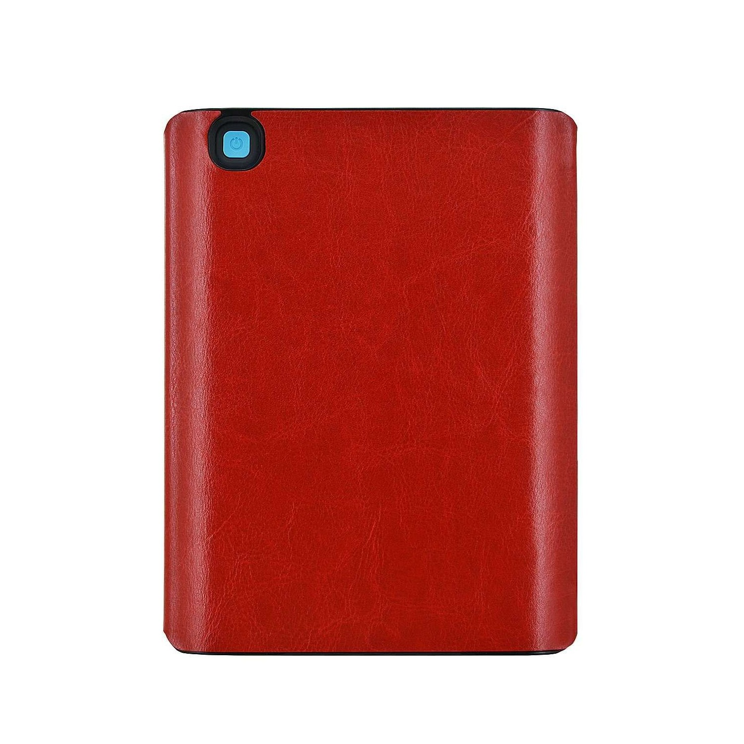 Een rode rechthoekige powerbank met een blauwe aan/uit-knop linksboven. Het oppervlak heeft een leertextuur.
