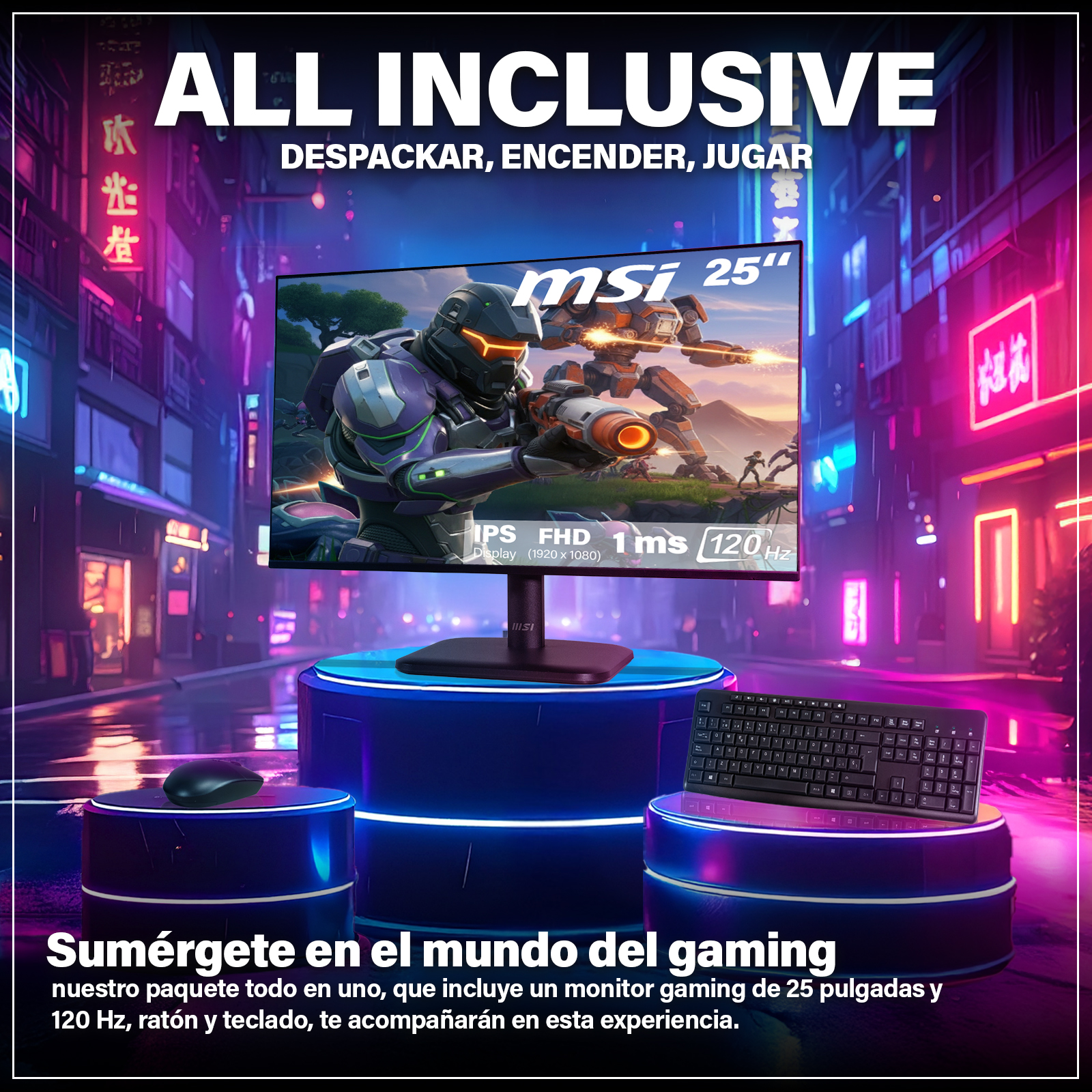 Monitor gaming, teclado y ratón. Pantalla muestra una escena de juego. Texto: 'All Inclusive' y 'MSI'.