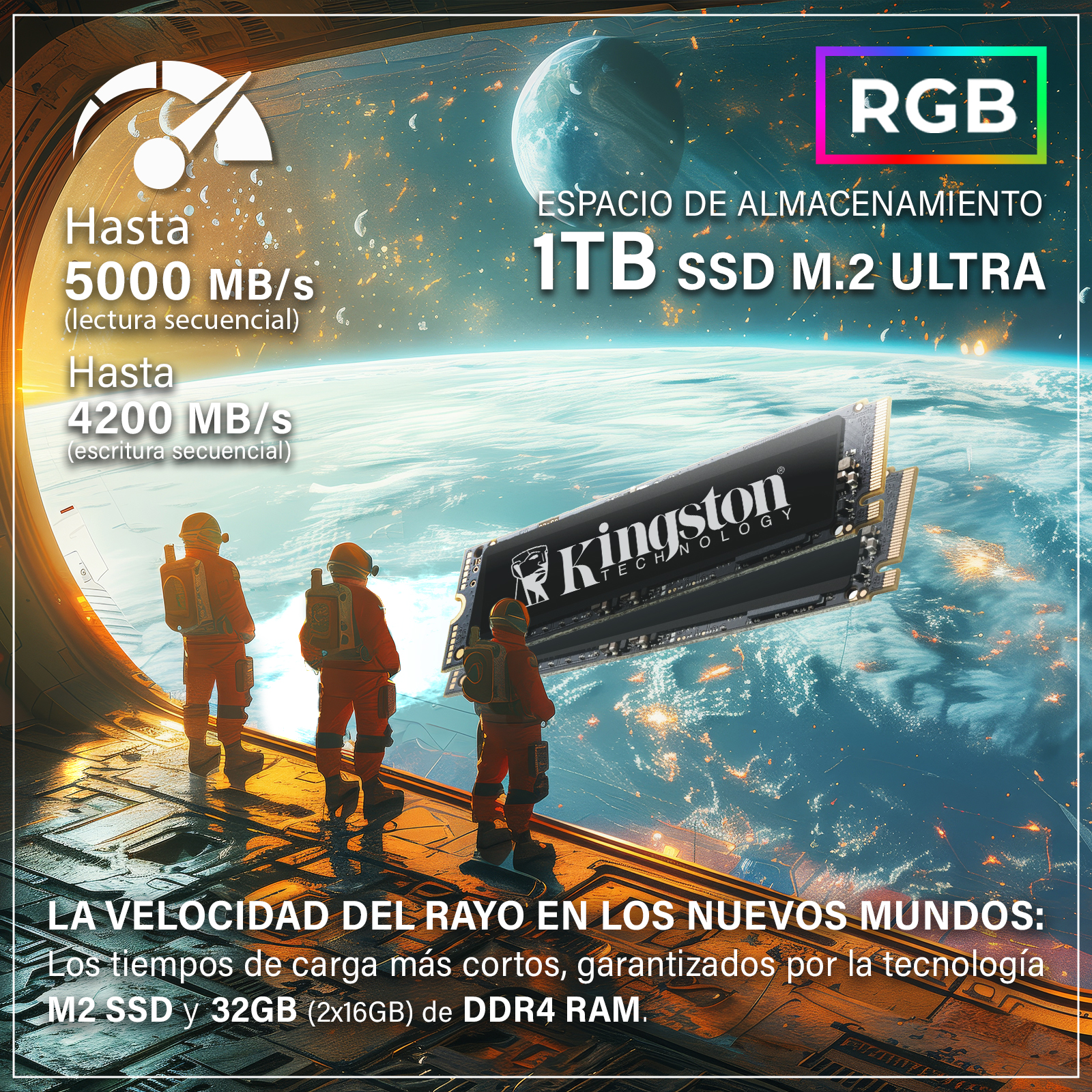 Astronautas en el espacio, producto SSD Kingston, con indicadores de velocidad y descripciones de texto y un planeta de fondo.