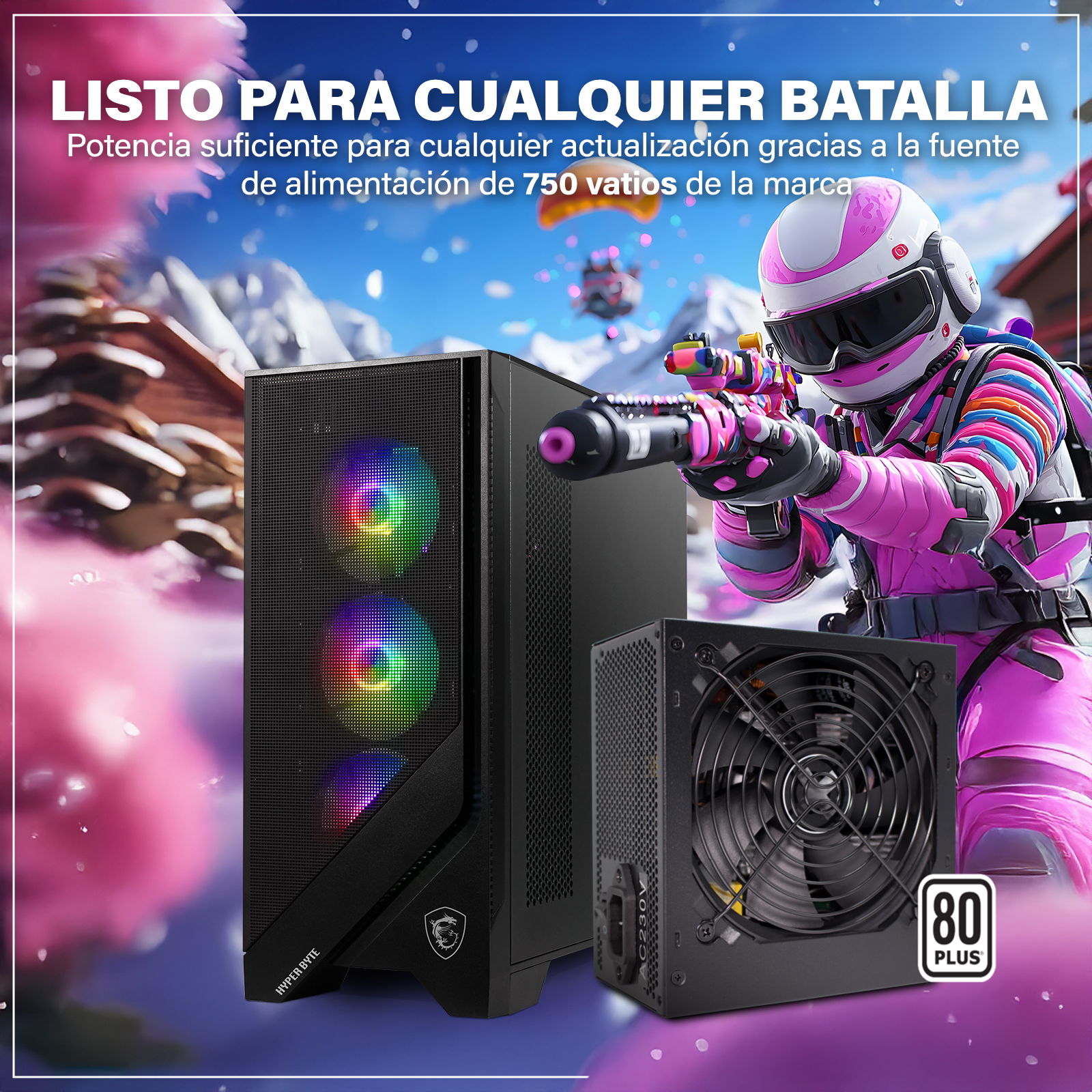 Caja de computadora y fuente de alimentación. Un jugador con equipo rosa sostiene un arma. Texto dice 'Listo para cualquier batalla'.