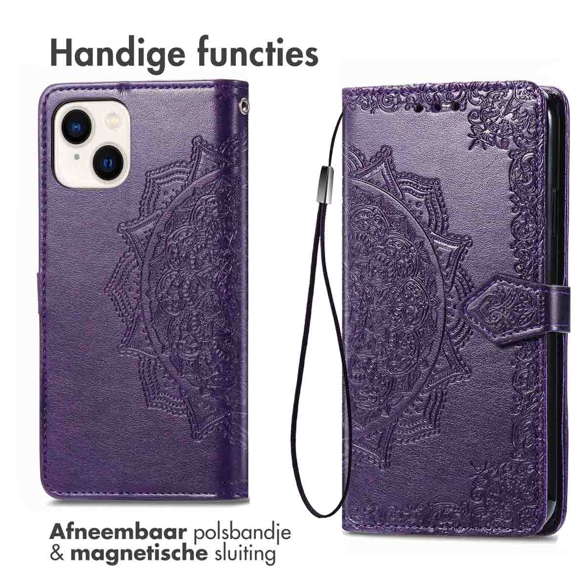 Purple phone case with mandala design. Detachable wrist strap and magnetic closure. Text: Handy functions and more.