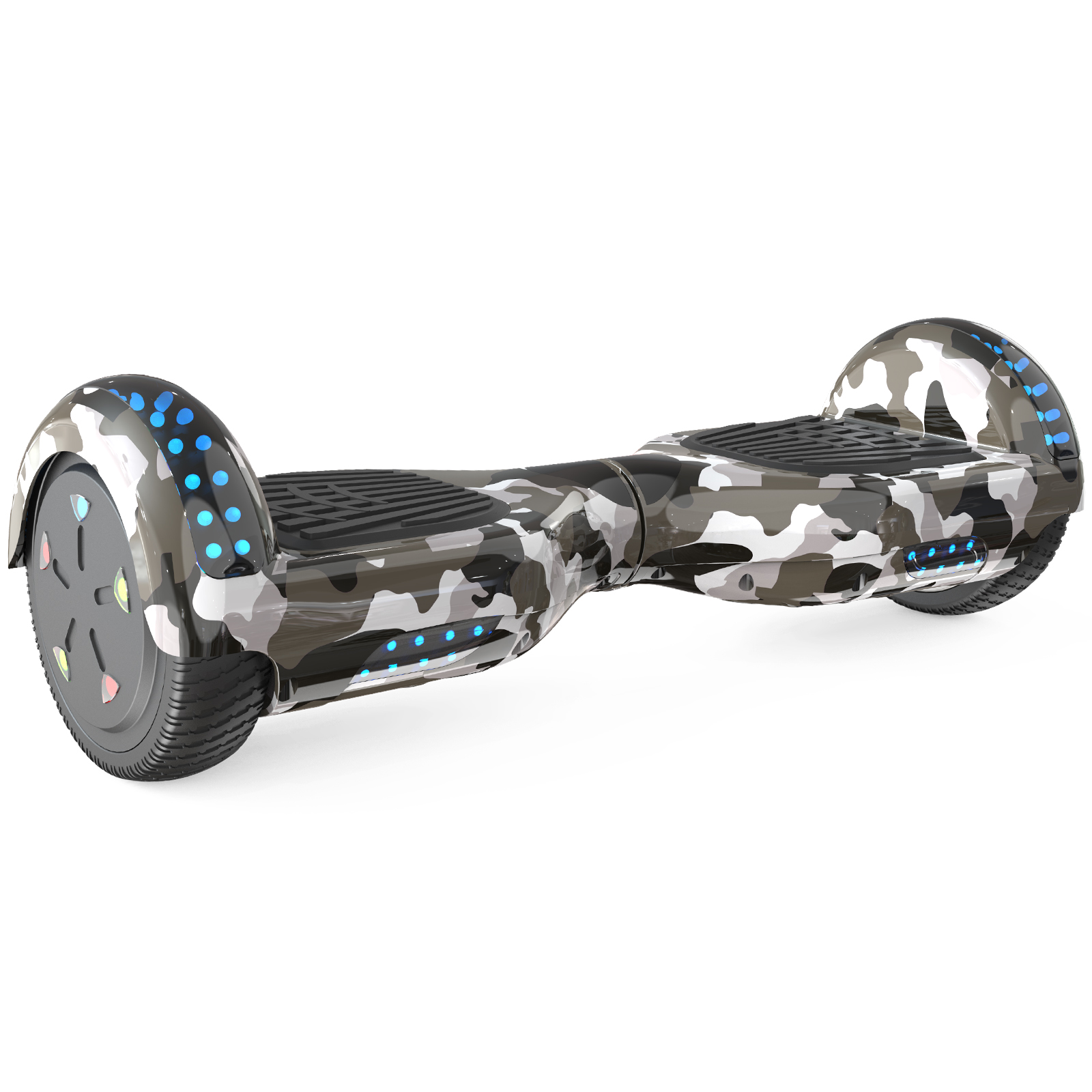 Ein Tarn-Hoverboard mit blauen Lichtern an den Seiten und Rädern. Der Hintergrund ist weiß.