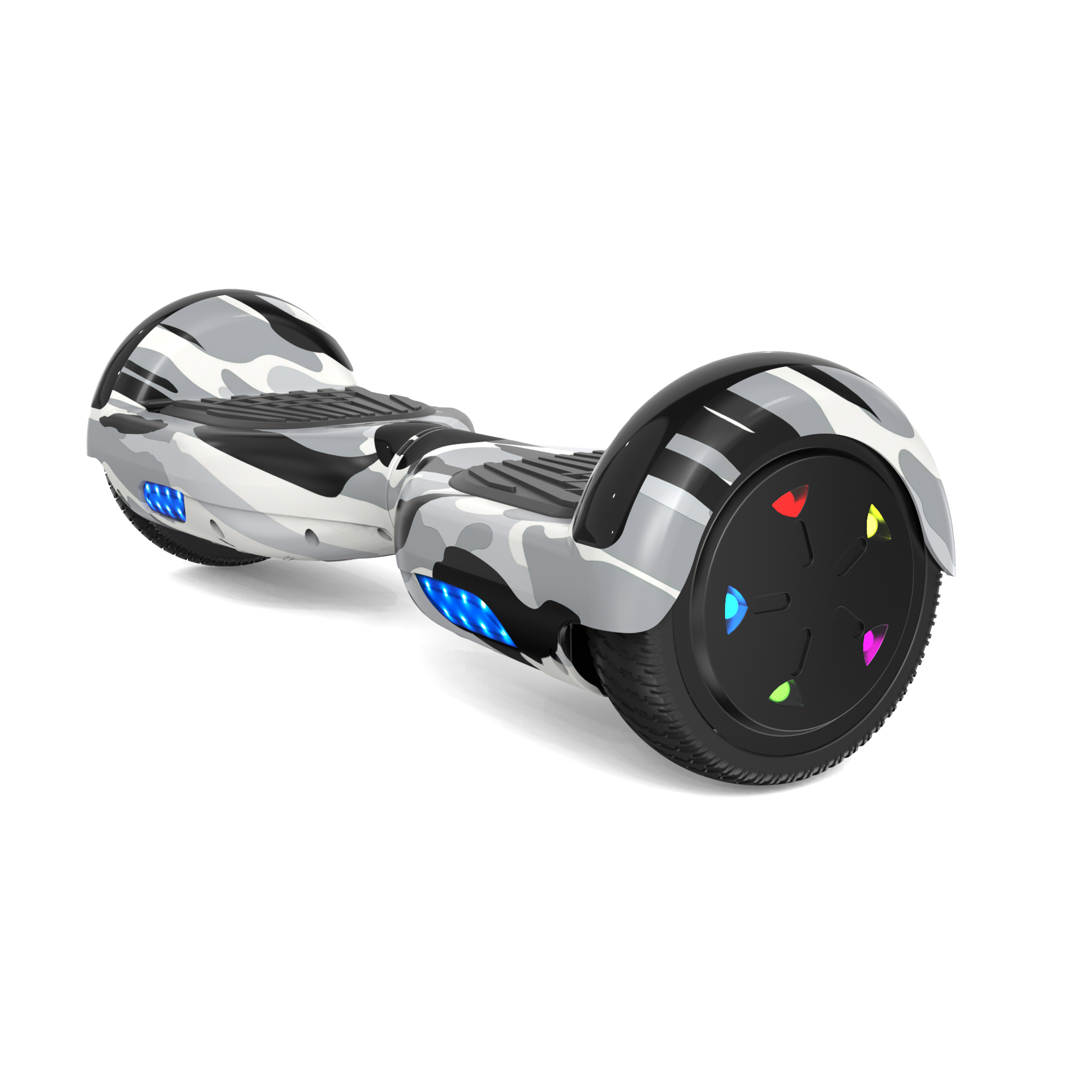 Un patinete autoequilibrado con diseño de camuflaje. Las ruedas tienen luces. El fondo es blanco.