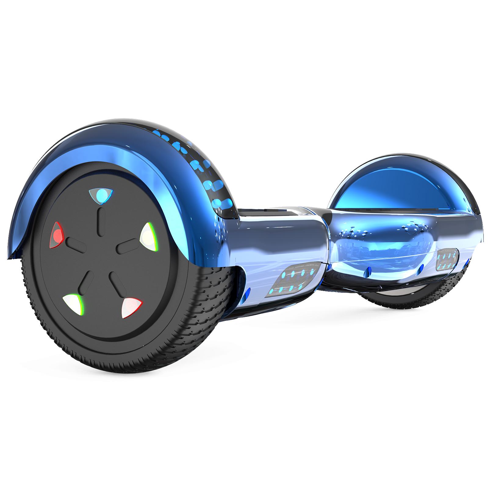 Un hoverboard azul y plateado. Las ruedas tienen luces. El fondo es blanco.