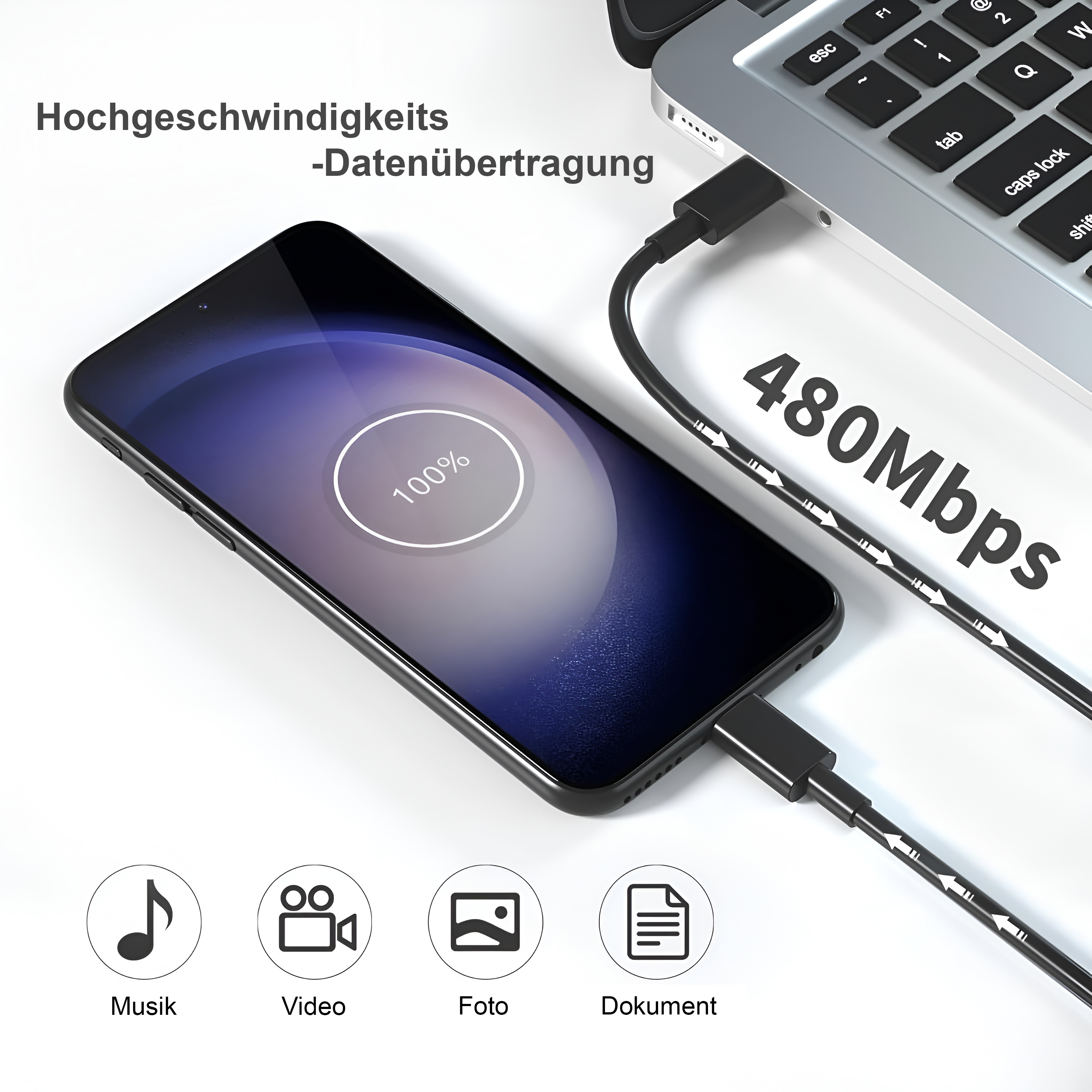 Smartphone lädt, verbunden mit Laptop, zeigt 100%, mit Datenübertragungsgeschwindigkeitsanzeige und Symbolen.