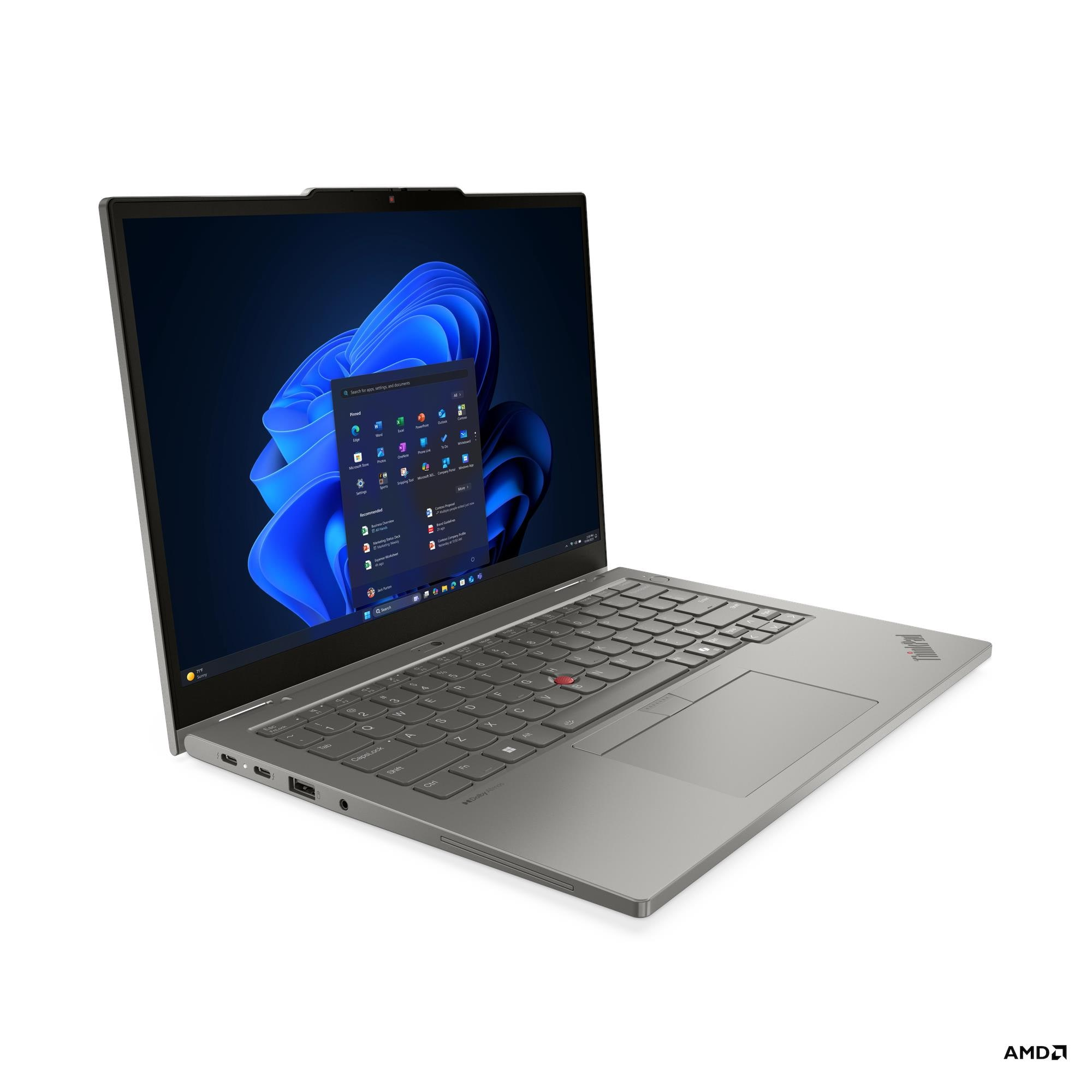 Un laptop ThinkPad grigio è aperto su una superficie bianca. Lo schermo mostra l'interfaccia di Windows 11.