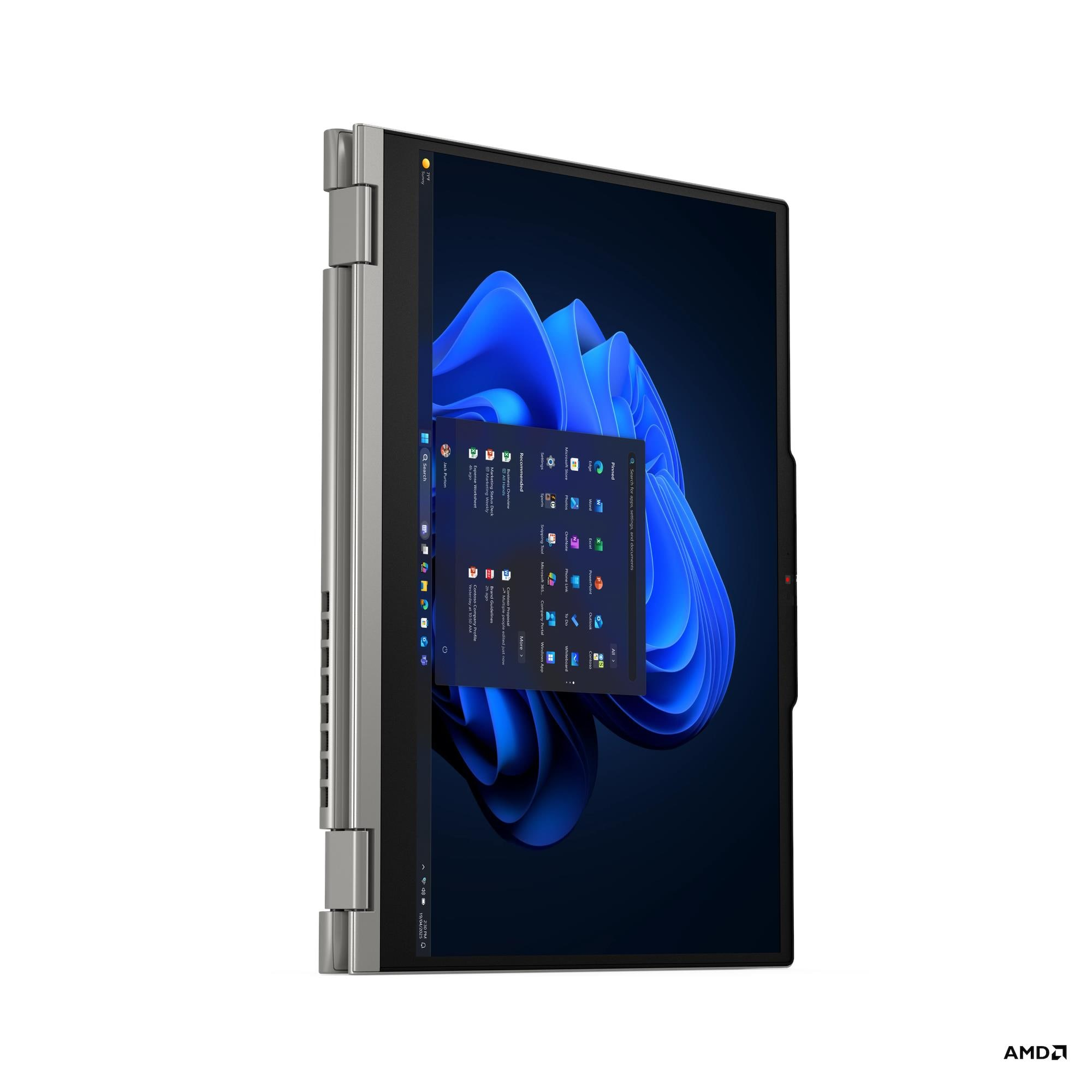 Viene visualizzato un laptop con interfaccia Windows. Lo schermo mostra il menu Start e il logo AMD è visibile.