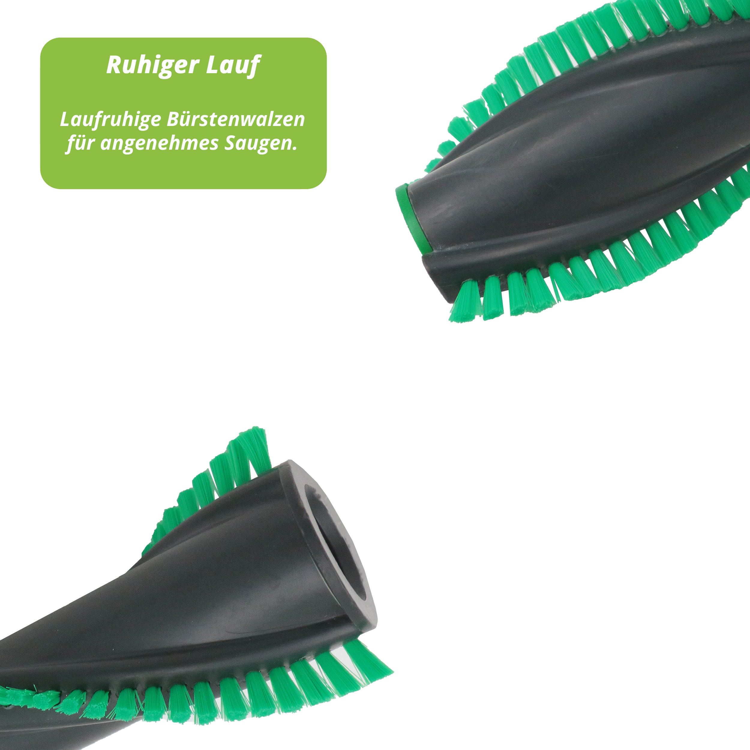 Nahaufnahme von Staubsauger-Bürstenwalzen. Schwarz mit grünen Borsten, vor weißem Hintergrund.