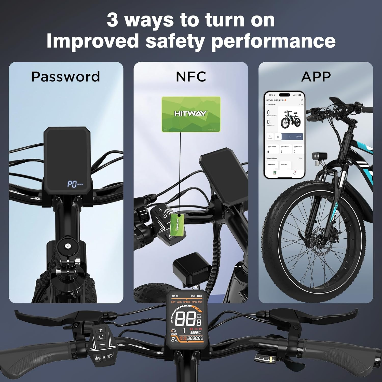 La imagen muestra 3 formas de encender una bicicleta eléctrica: contraseña, tarjeta NFC y aplicación. El manillar y la pantalla de la bicicleta están enfocados.