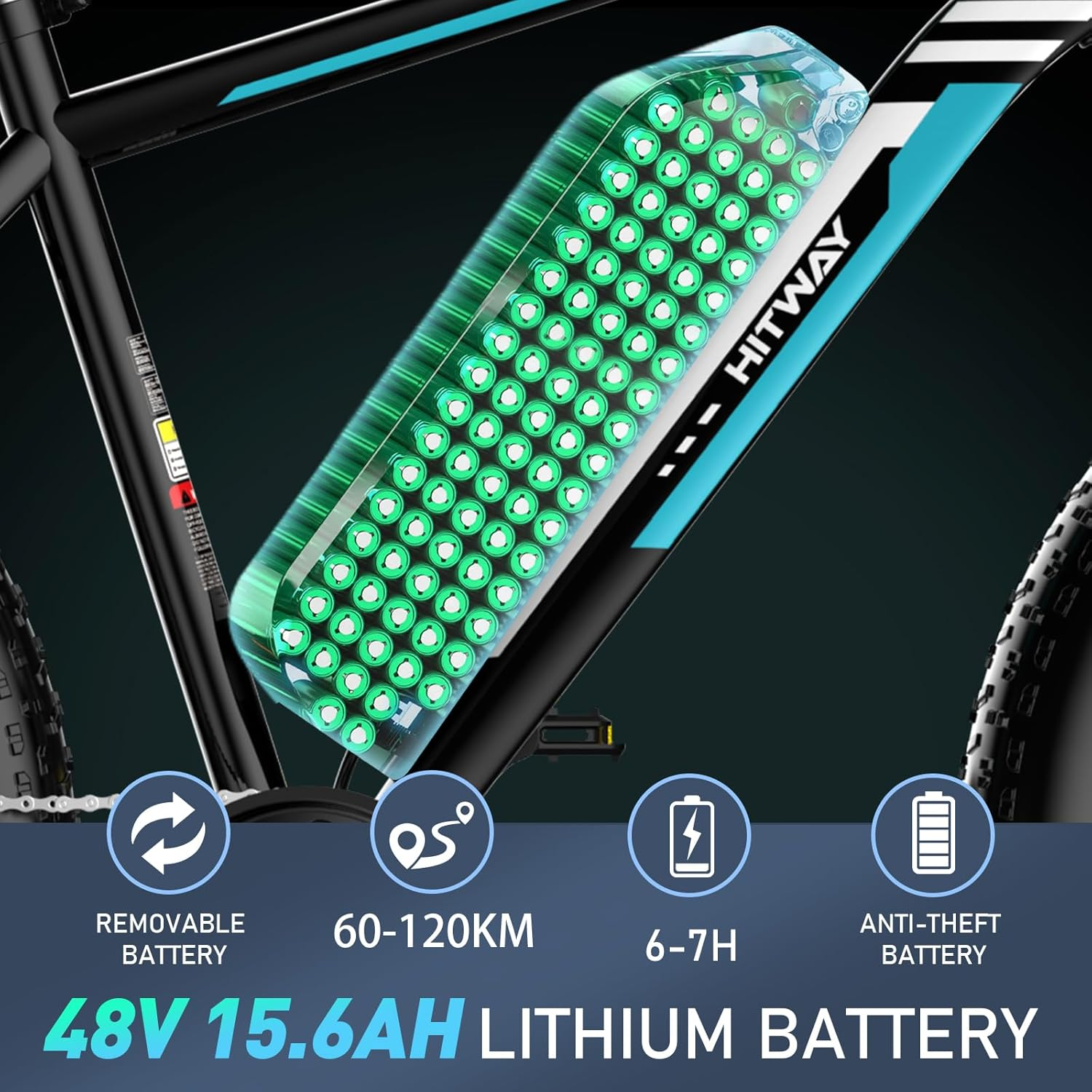 Un paquete de baterías para bicicletas eléctricas está montado en un cuadro de bicicleta. Los detalles incluyen una carcasa de batería transparente e iconos con texto.