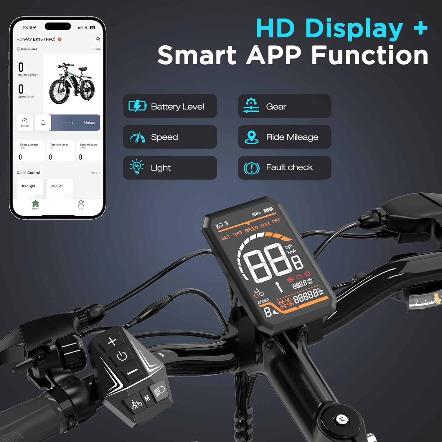 Una pantalla de bicicleta eléctrica muestra velocidad, batería y funciones de la app. Un smartphone muestra datos. Controles y manillar visibles.