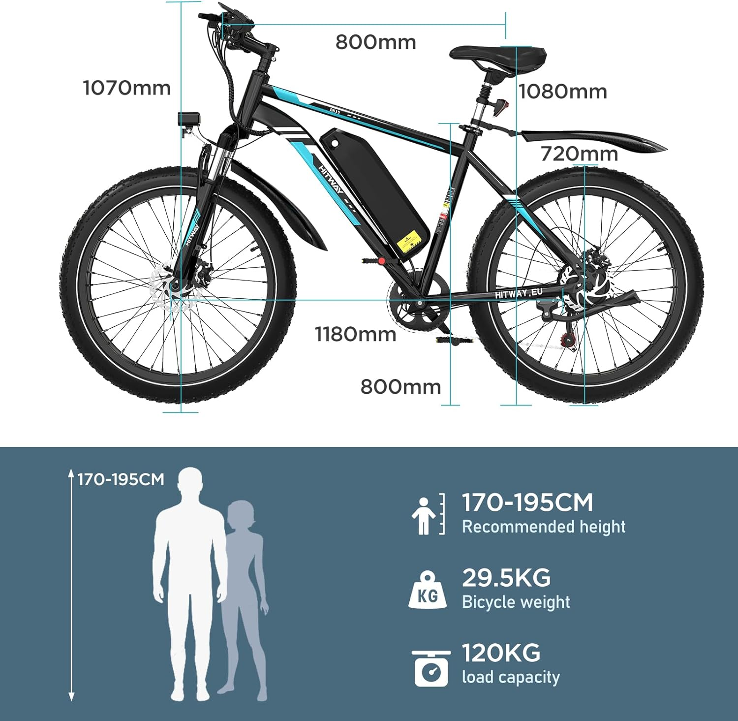 Una e-bike HITWAY negra con dimensiones. Incluye altura recomendada, peso y capacidad de carga sobre fondo azul.