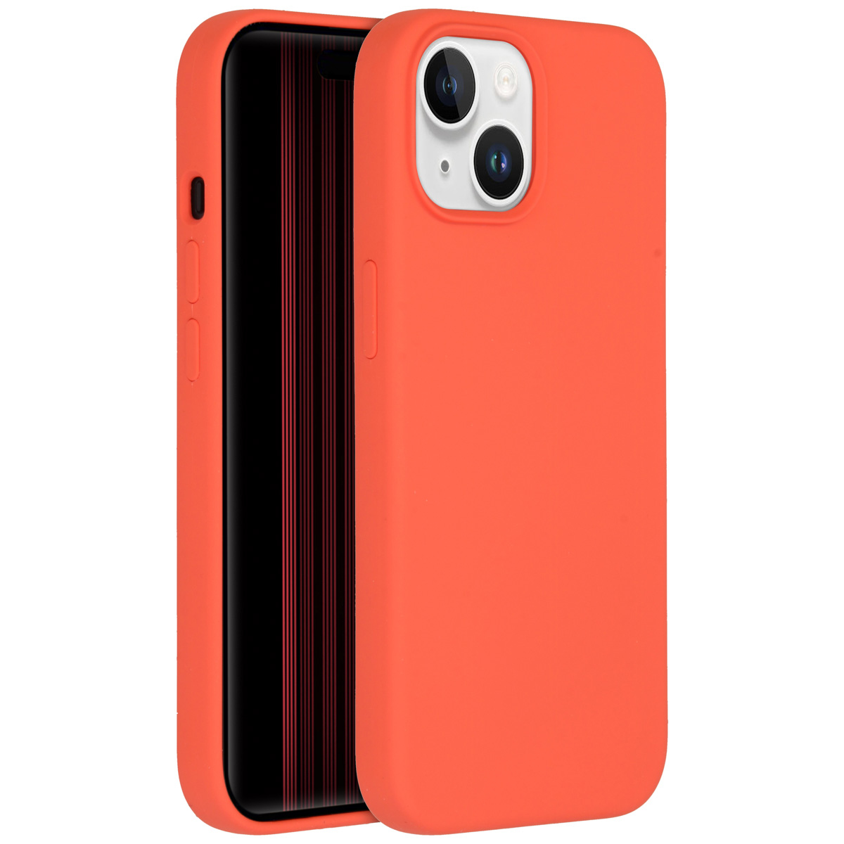 Een oranje telefoonhoesje met een zwart scherm. De hoes heeft twee cameralenzen. De achtergrond is wit.