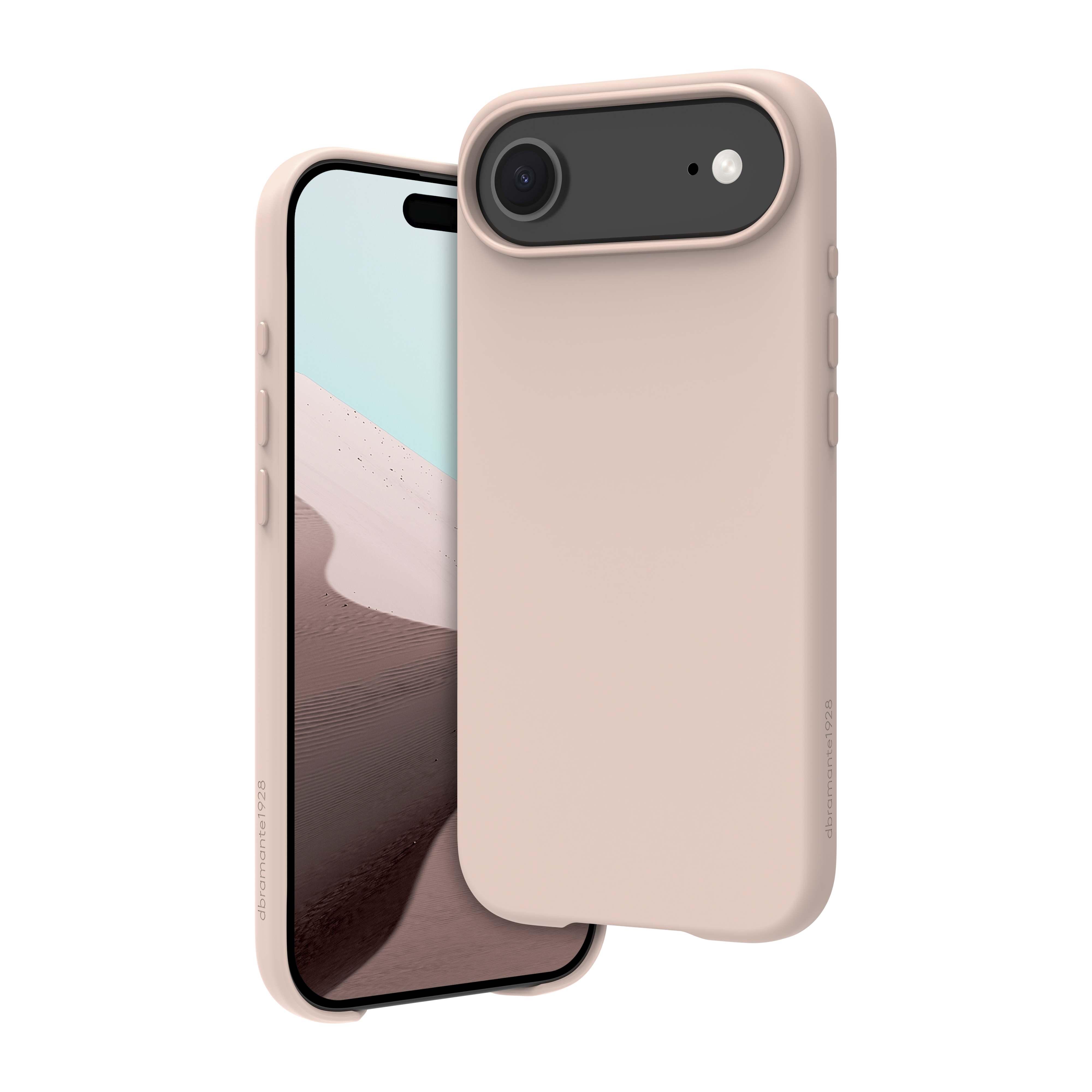 Un telefono in una custodia rosa è in piedi. Il telefono mostra una scena desertica. La custodia ha dettagli della fotocamera e dei pulsanti.