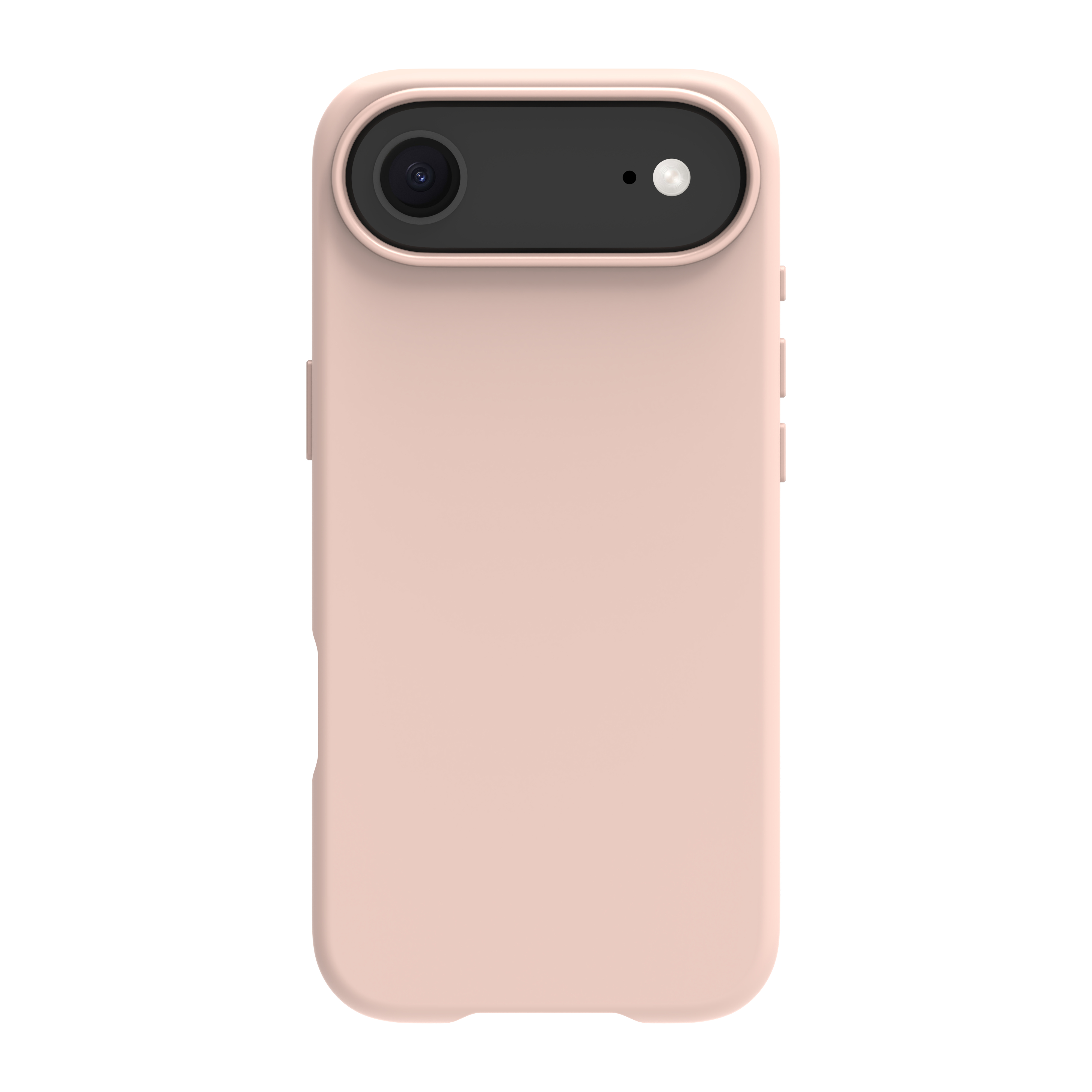 Una custodia per telefono rosa chiaro con area fotocamera nera, due lenti e pulsanti laterali.