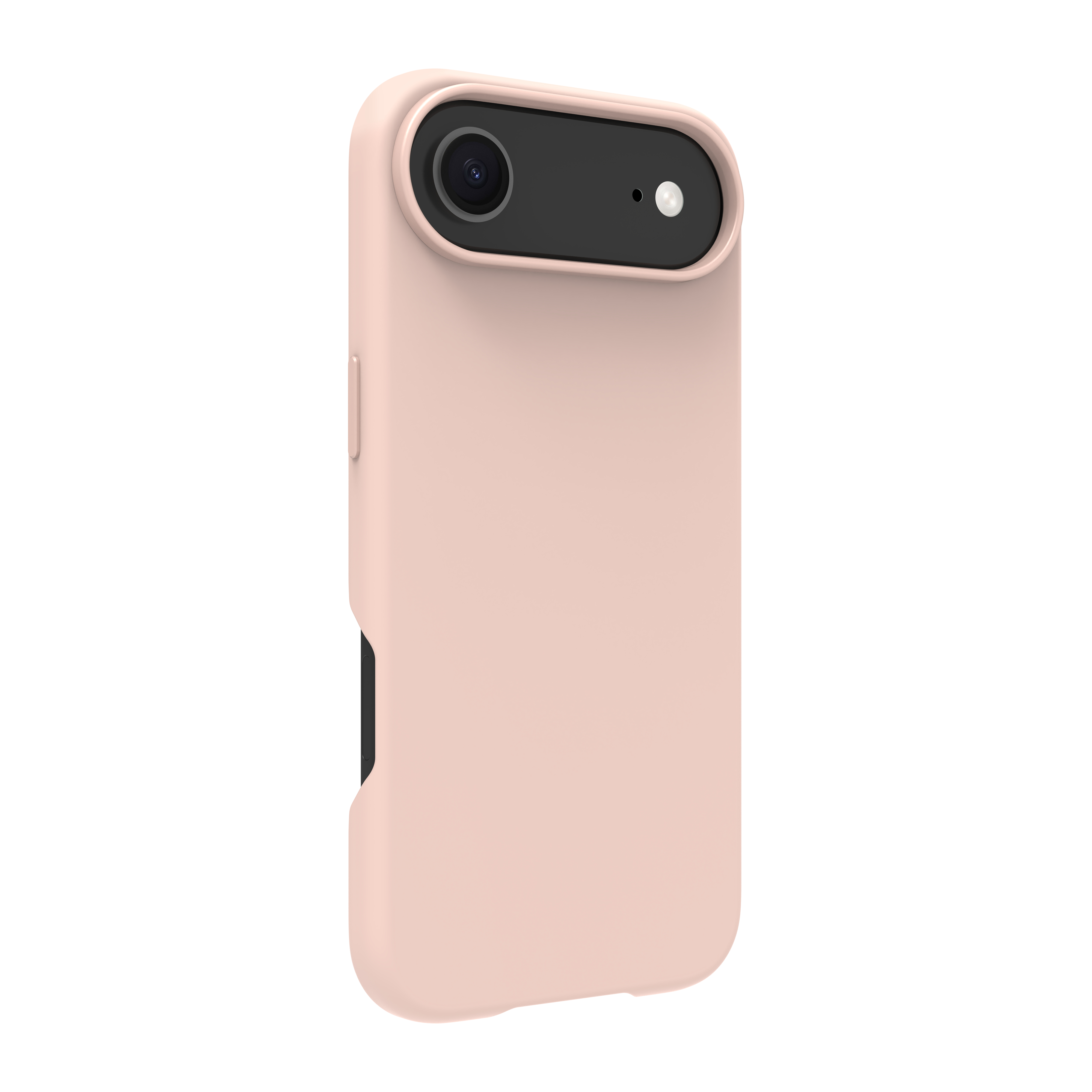 Una custodia per telefono rosa chiaro con area fotocamera nera e sfondo bianco.