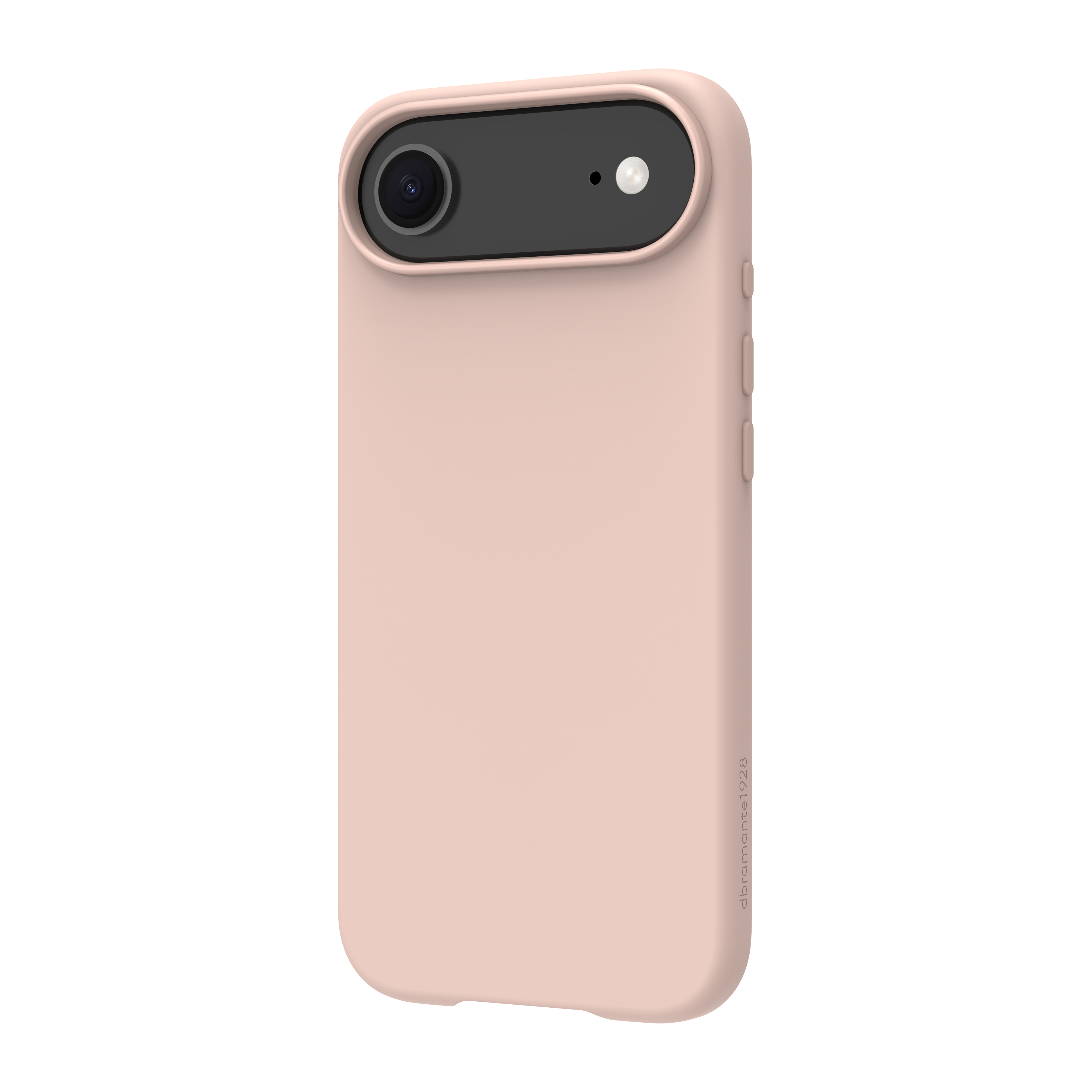 Una custodia rosa per telefono con area fotocamera nera. La custodia ha una lente e un flash.
