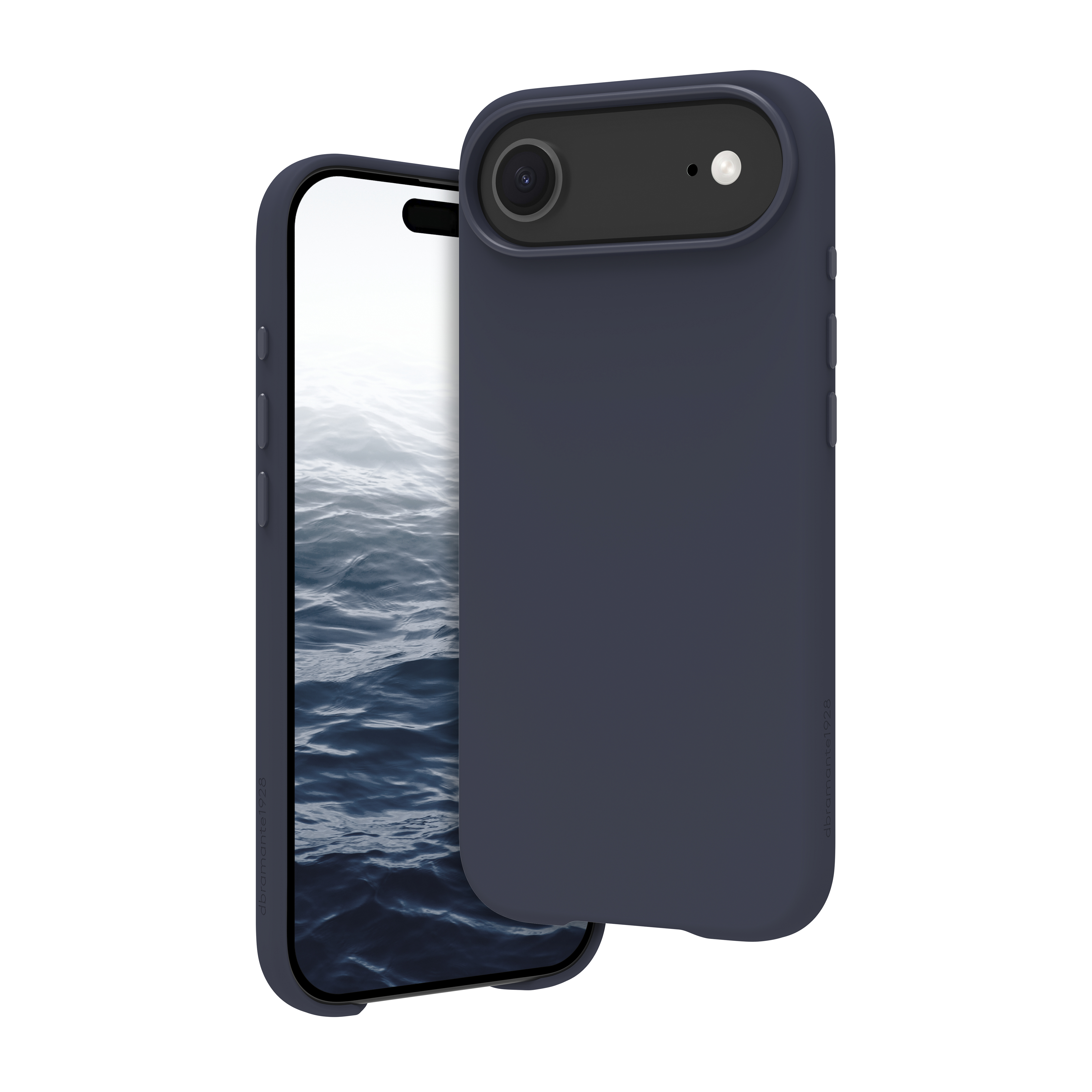 Una custodia per telefono blu scuro accanto a un telefono che mostra una scena d'acqua. La custodia ha un modulo fotocamera.
