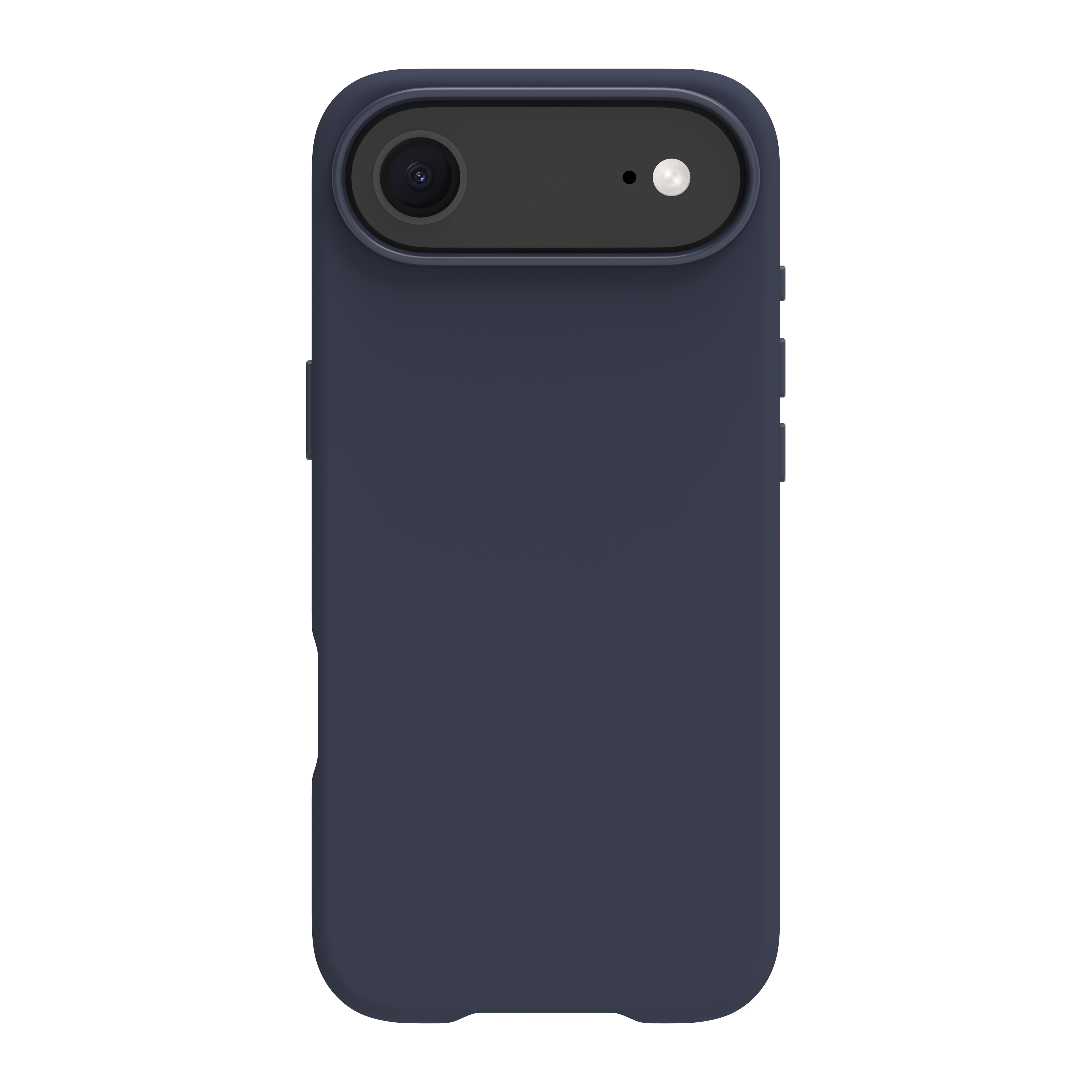 Una custodia per telefono blu scuro. Ha un ritaglio per la fotocamera con obiettivo e flash. Lo sfondo è bianco.