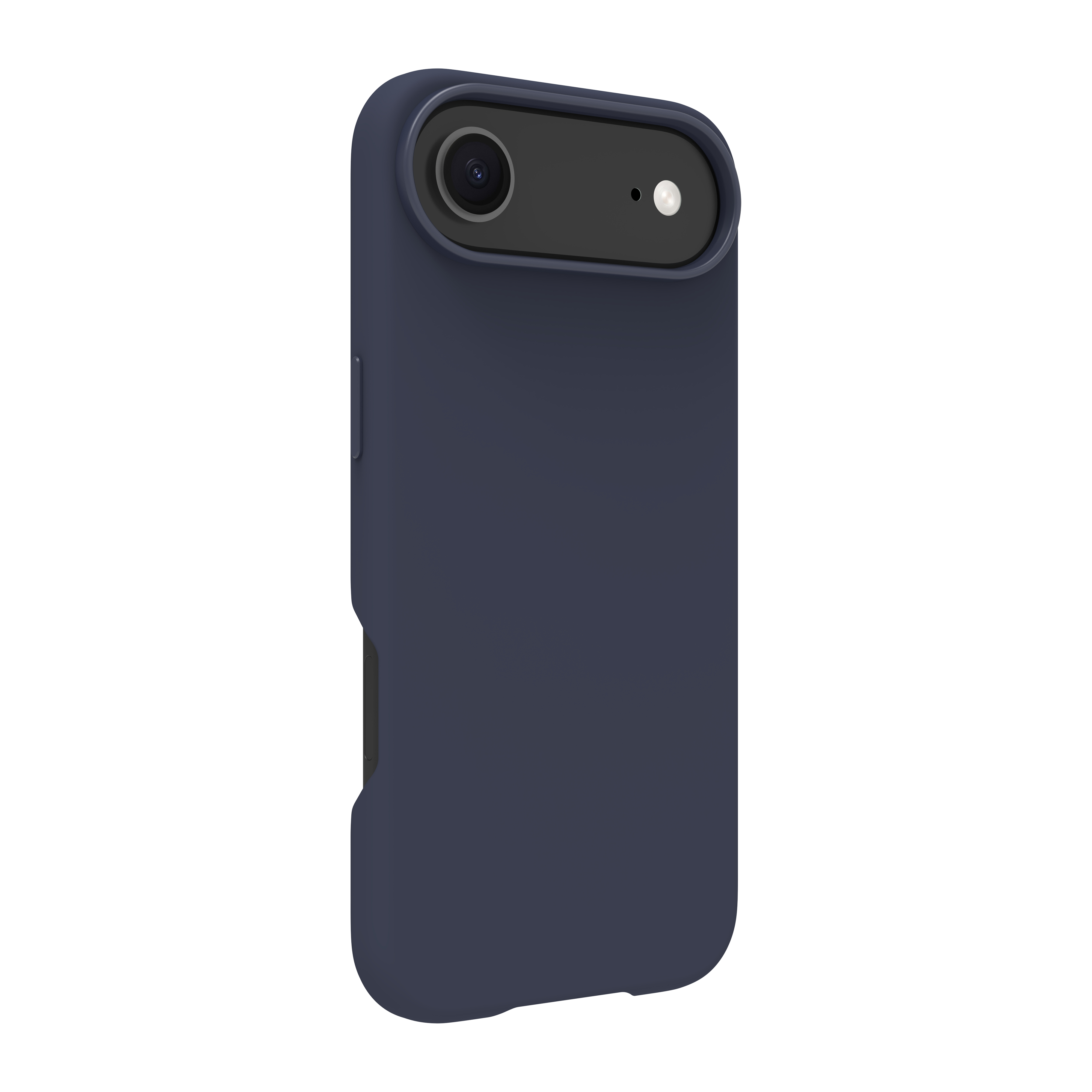 Una custodia per telefono blu scuro. Ha un ritaglio per la fotocamera con obiettivo e flash. La custodia copre la parte posteriore e i lati del telefono.