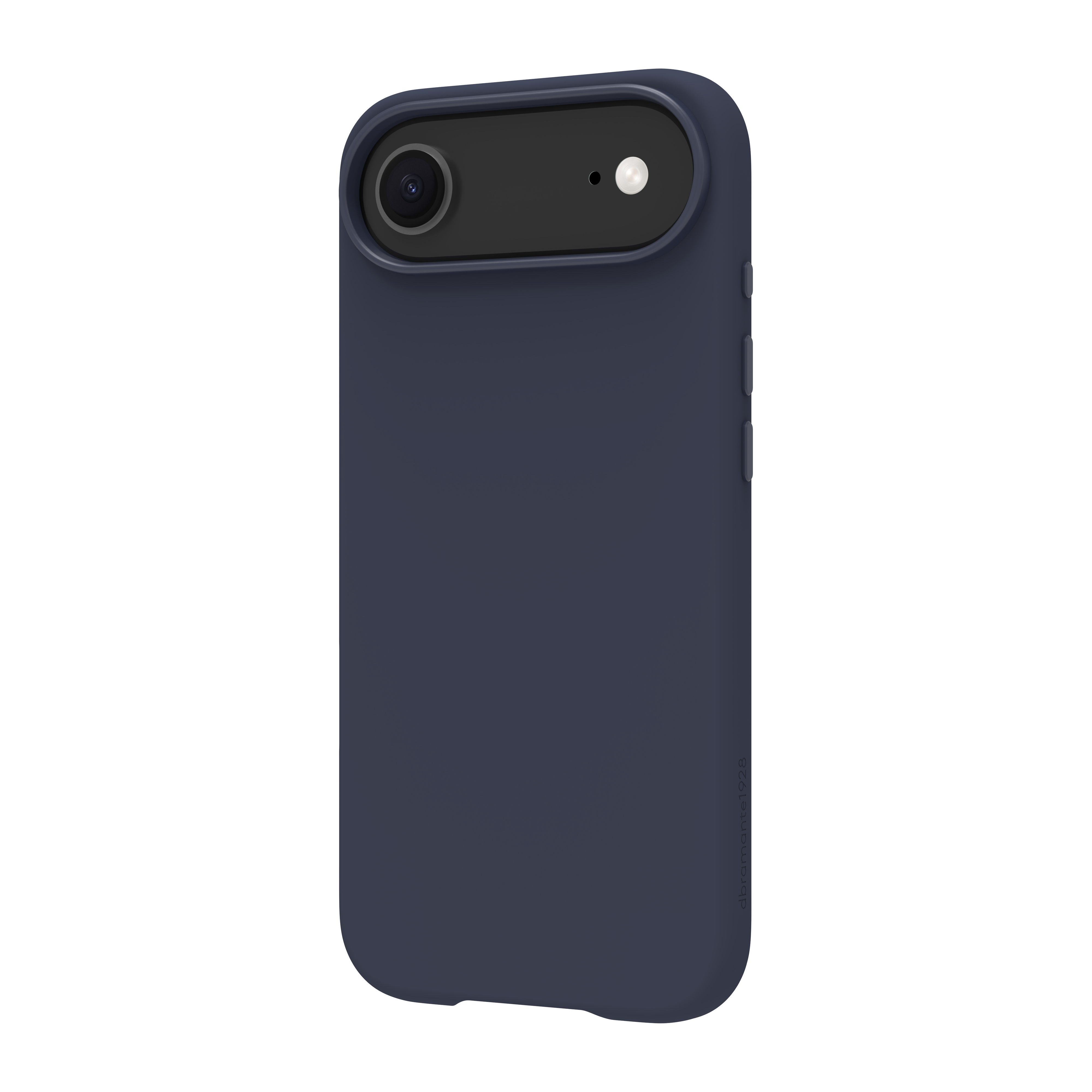 Una custodia per telefono blu scuro. Ha un ritaglio per la fotocamera con obiettivo e flash. La custodia copre tutto il telefono.