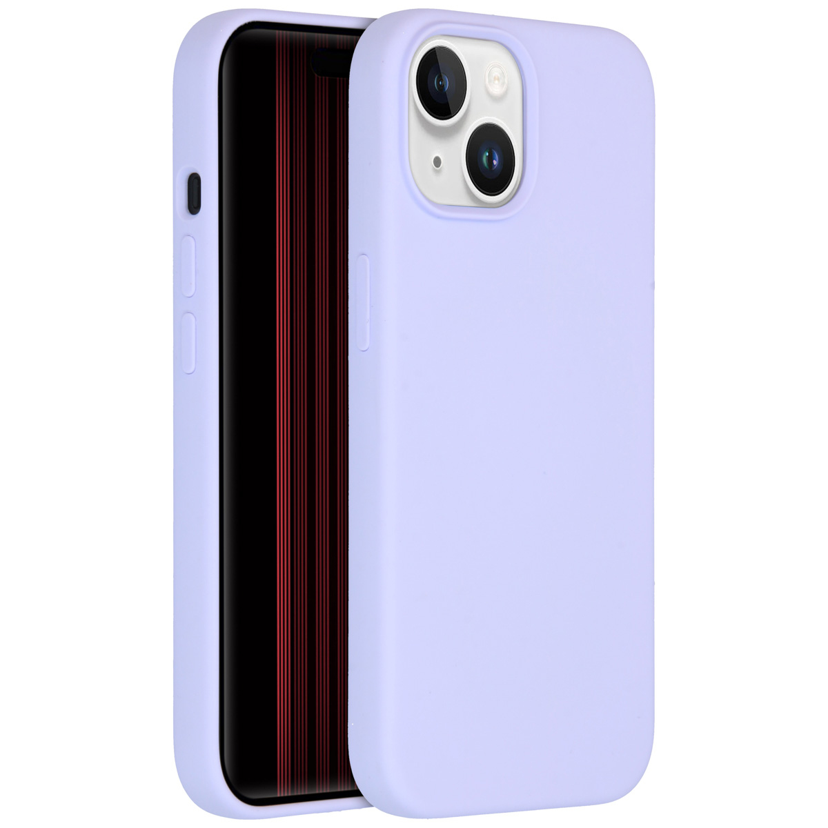 Een lichtpaarse telefoonhoes met een telefoon erin. Het telefoonscherm is zwart met rode lijnen. De hoes ligt op een wit oppervlak.