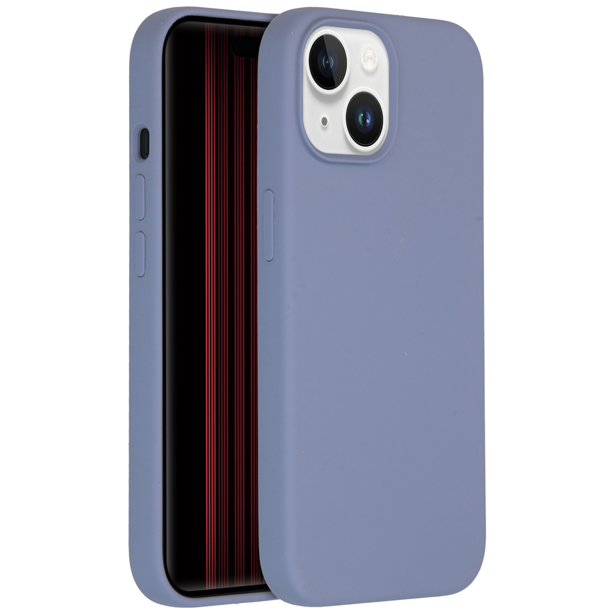 Een blauwe telefoonhoes met een telefoon erin. De telefoon heeft een zwart scherm met verticale rode lijnen. De hoes heeft uitsparingen voor de camera.