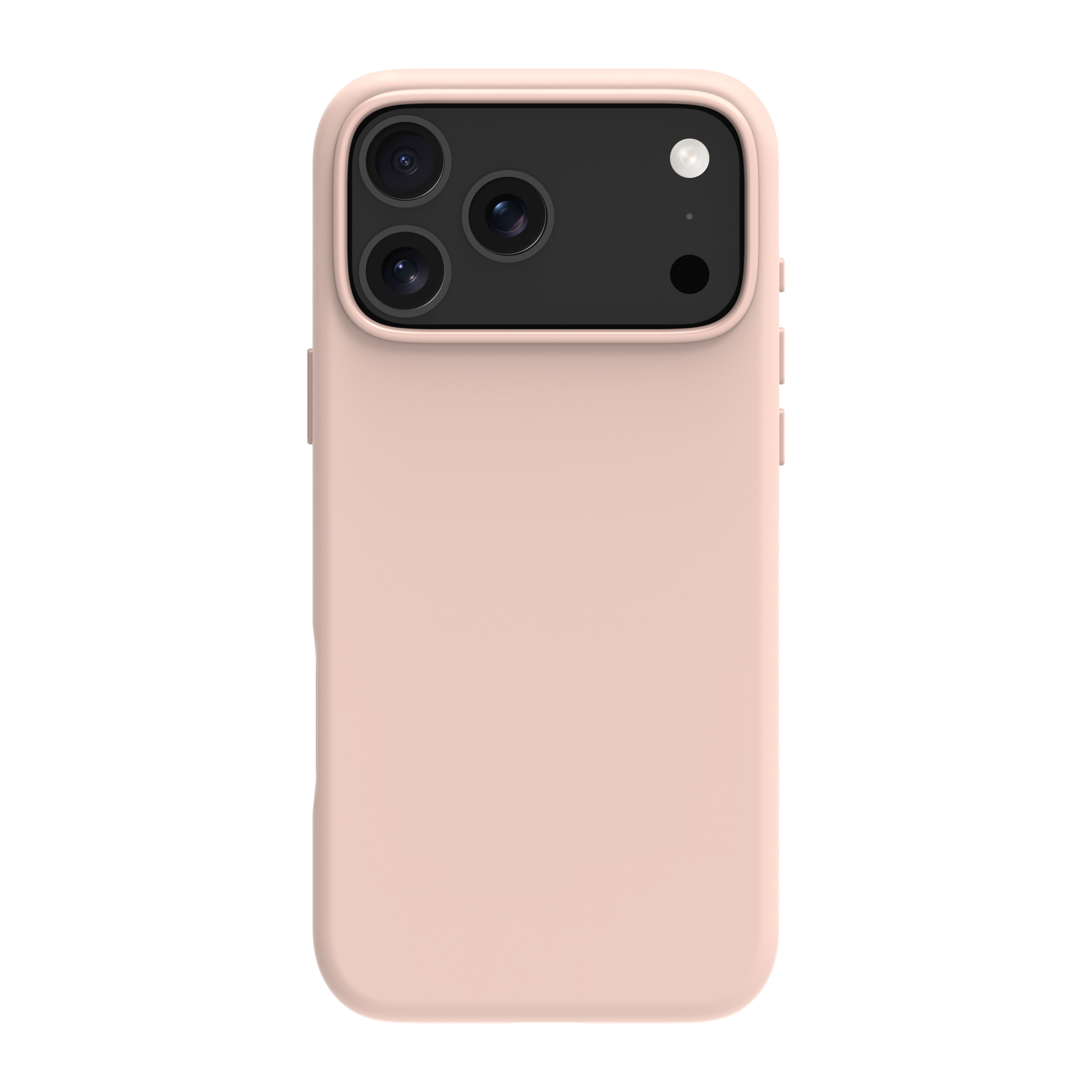Una custodia per telefono rosa chiaro con tre obiettivi e un flash su sfondo bianco.